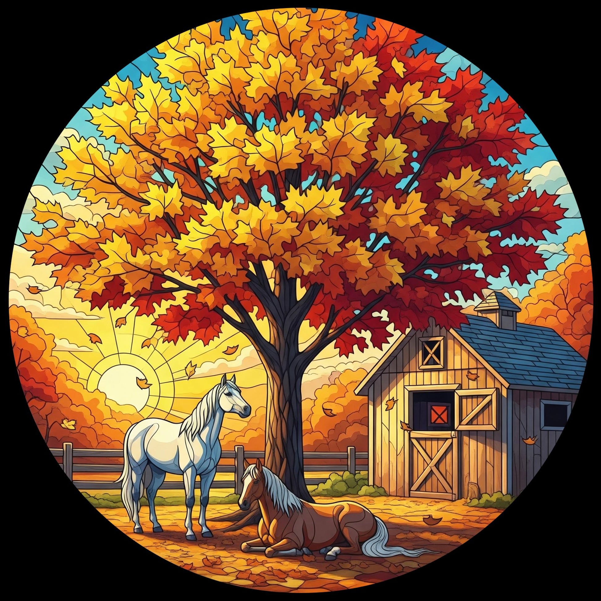 Autumn Horses Stained Glass Suncatcher - Cozy Fall Barn Window Art