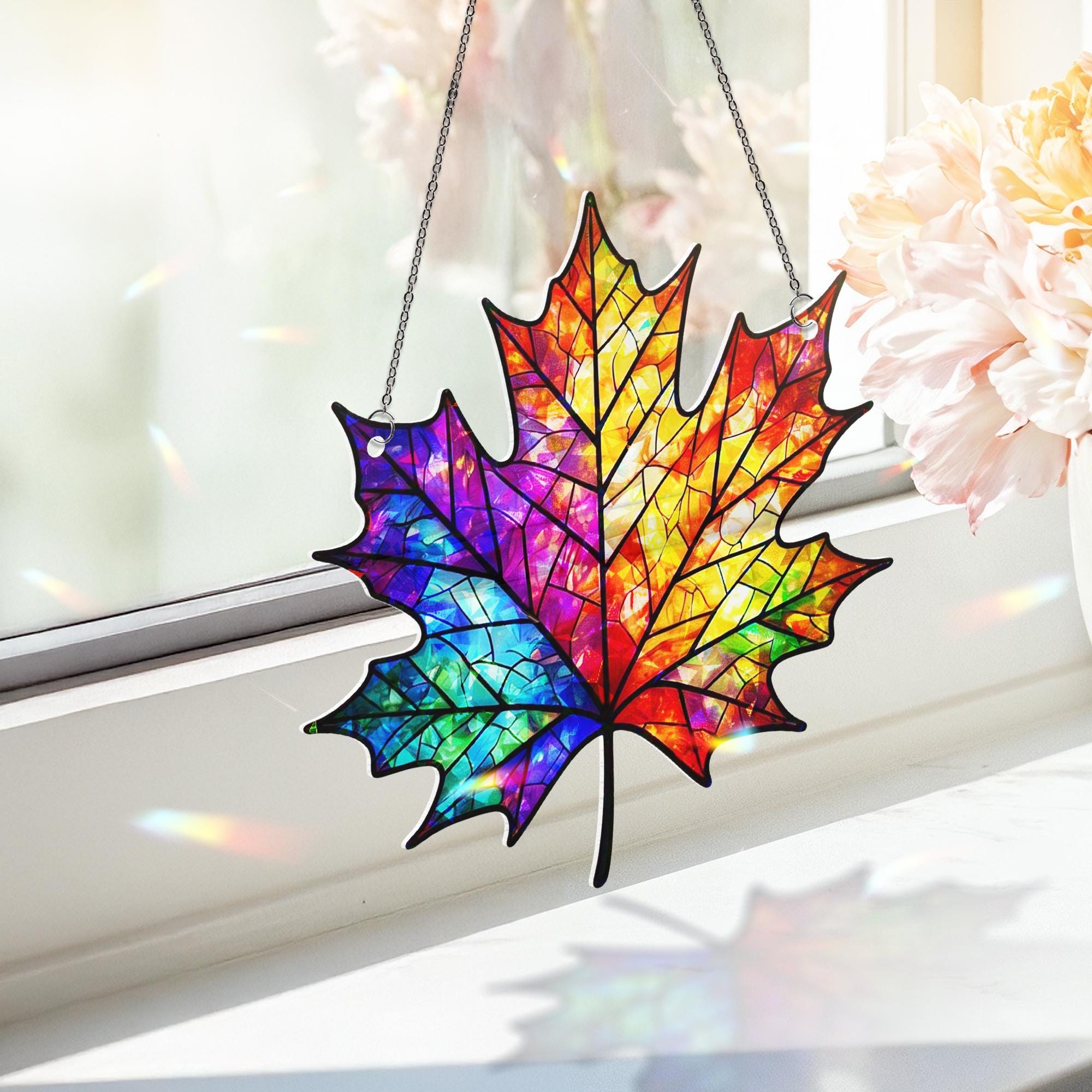 Rainbow Maple Leaf Acrylic Window Hanging | Colorful Autumn Suncatcher Decor | Fall Window Art | Bright Leaf Panel Gift