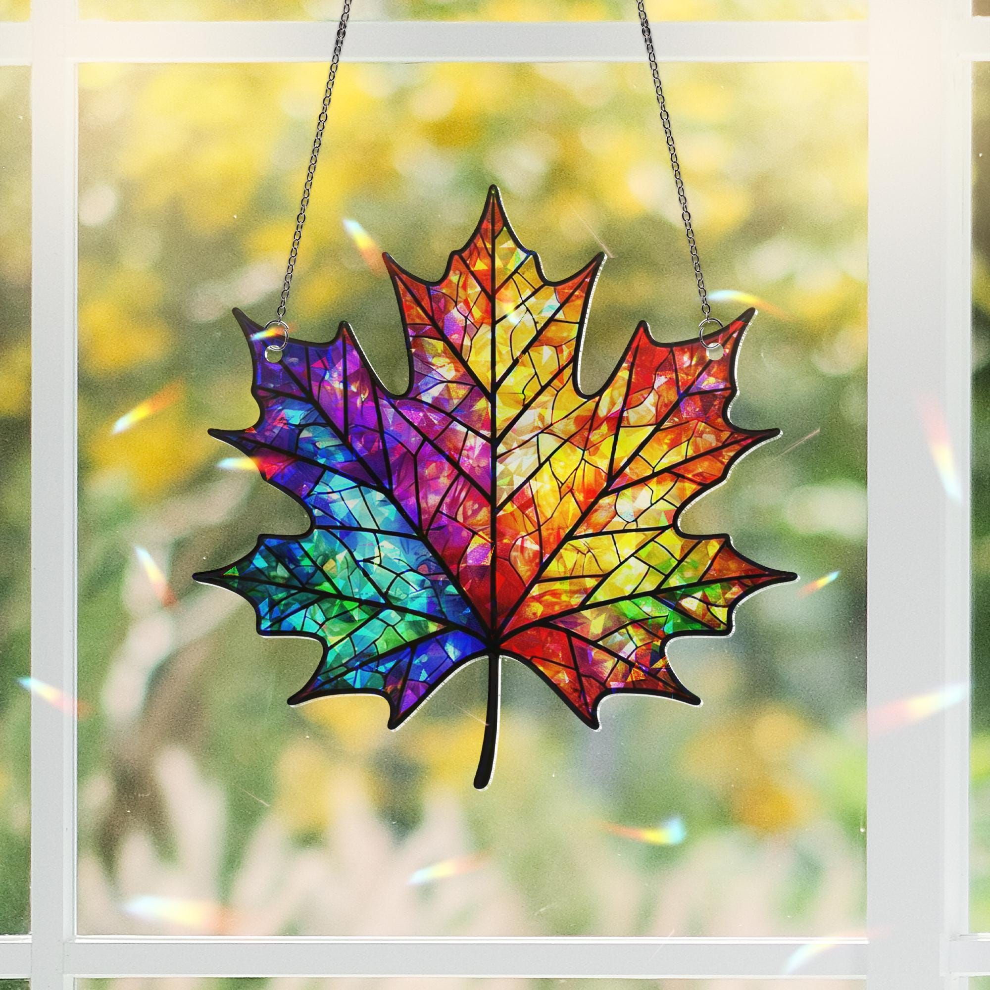 Rainbow Maple Leaf Acrylic Window Hanging | Colorful Autumn Suncatcher Decor | Fall Window Art | Bright Leaf Panel Gift