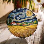 Autumn Village Glass Suncatcher | Fall Wheat Field Window Hanging | Countryside Landscape Glass Art Decor | Rustic Fall Gift