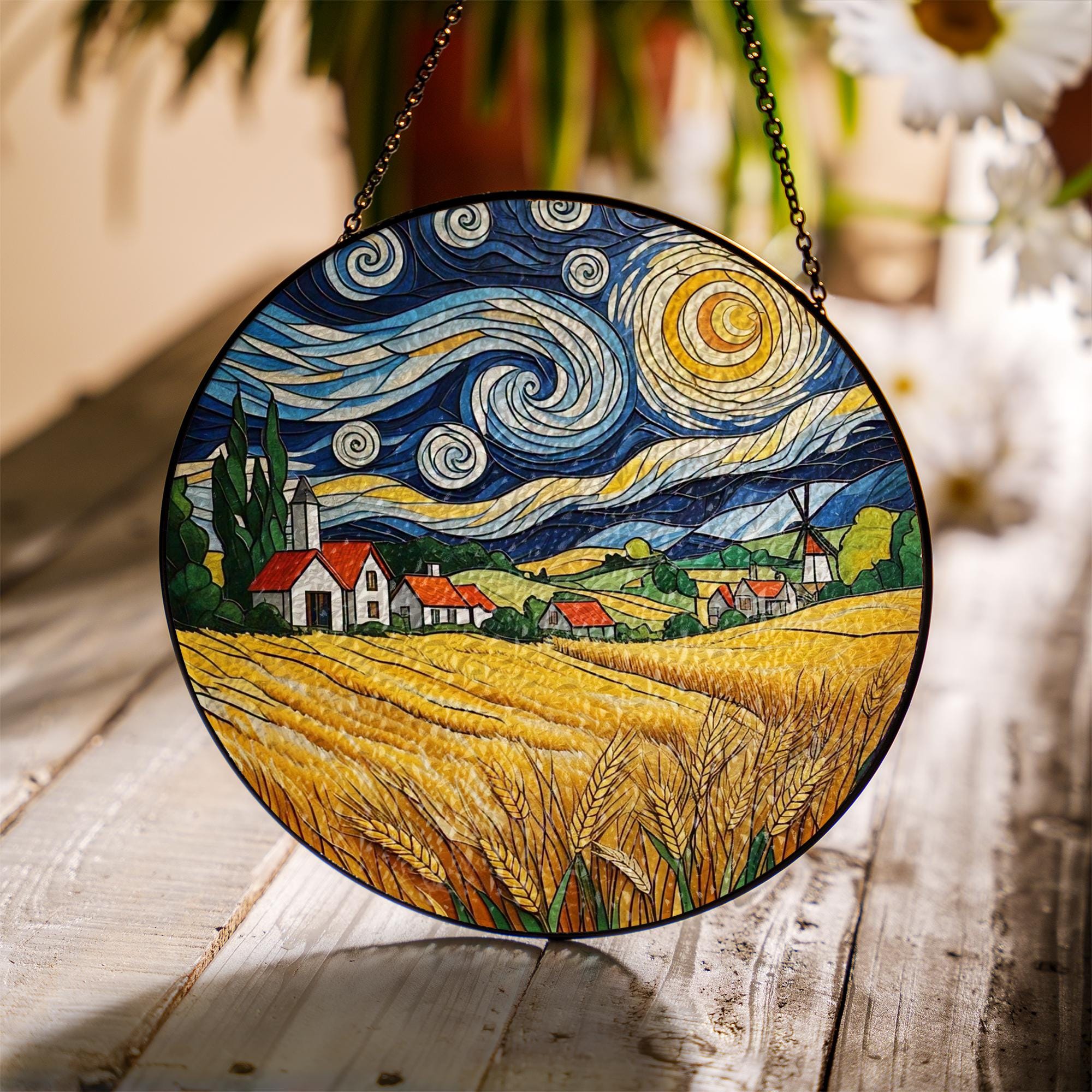 Autumn Village Glass Suncatcher | Fall Wheat Field Window Hanging | Countryside Landscape Glass Art Decor | Rustic Fall Gift