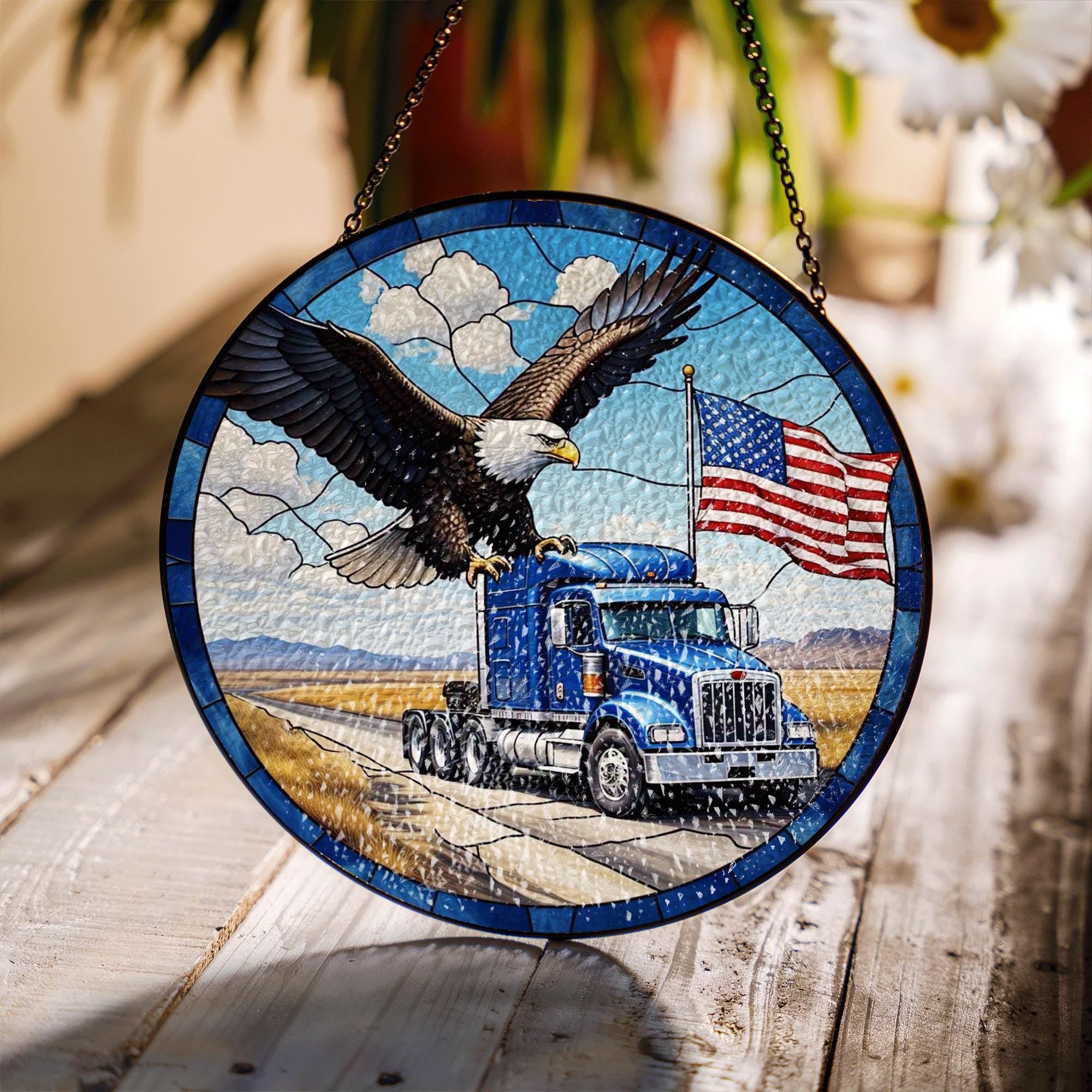 Patriotic Truck Glass Suncatcher with Bald Eagle & American Flag | 4th of July Window Decor | Independence Day Gift for Truckers, Dads