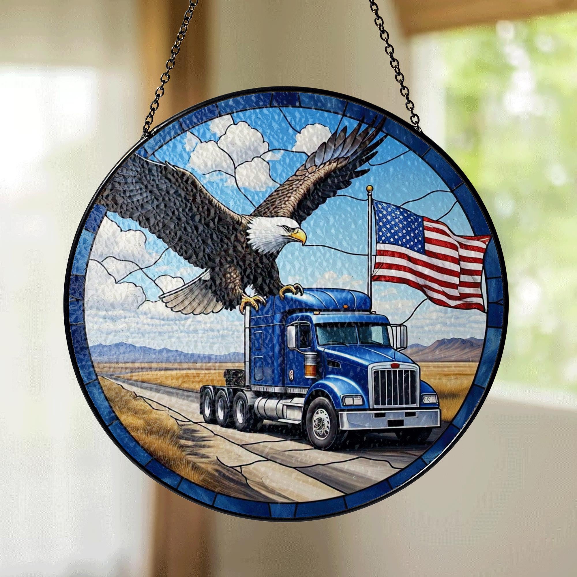 Patriotic Truck Glass Suncatcher with Bald Eagle & American Flag | 4th of July Window Decor | Independence Day Gift for Truckers, Dads