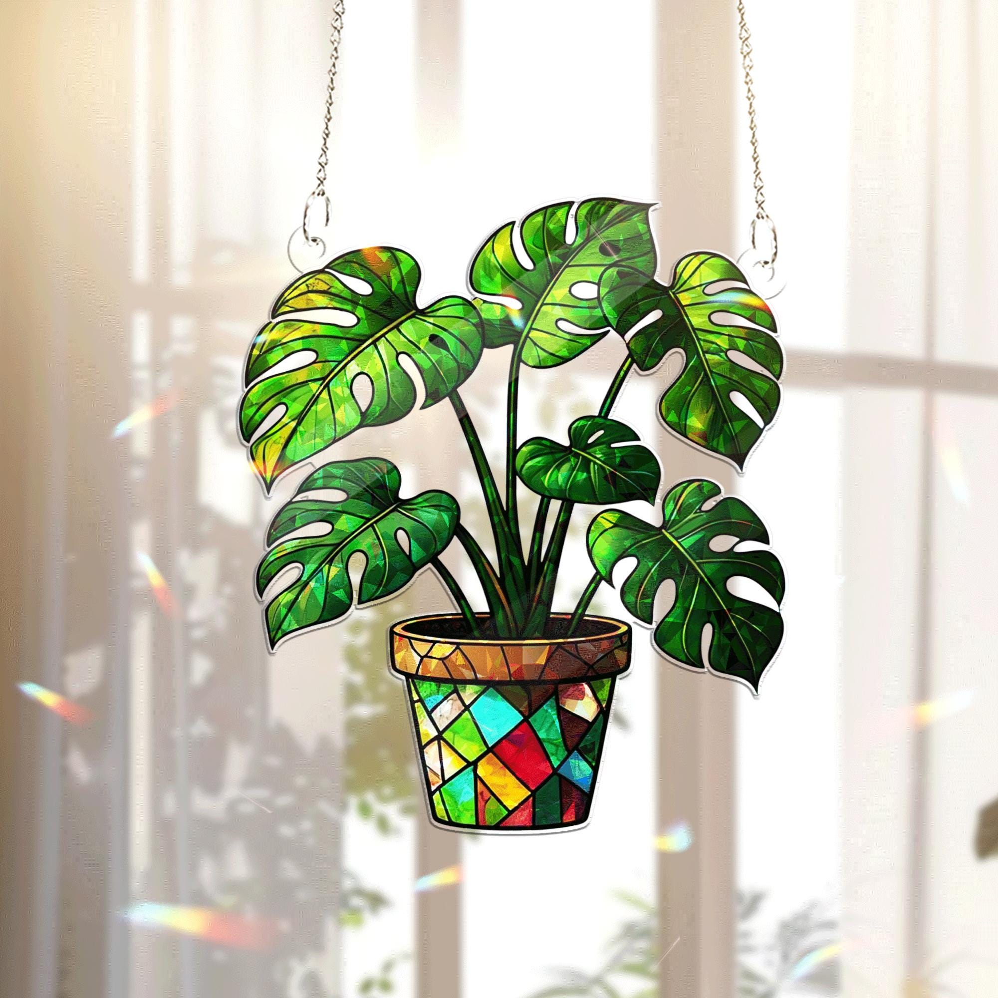 Monstera Plant Acrylic Window Hanging | Stained Glass Style Suncatcher for Plant Lovers | Botanical Sun Catcher Home Window Decor