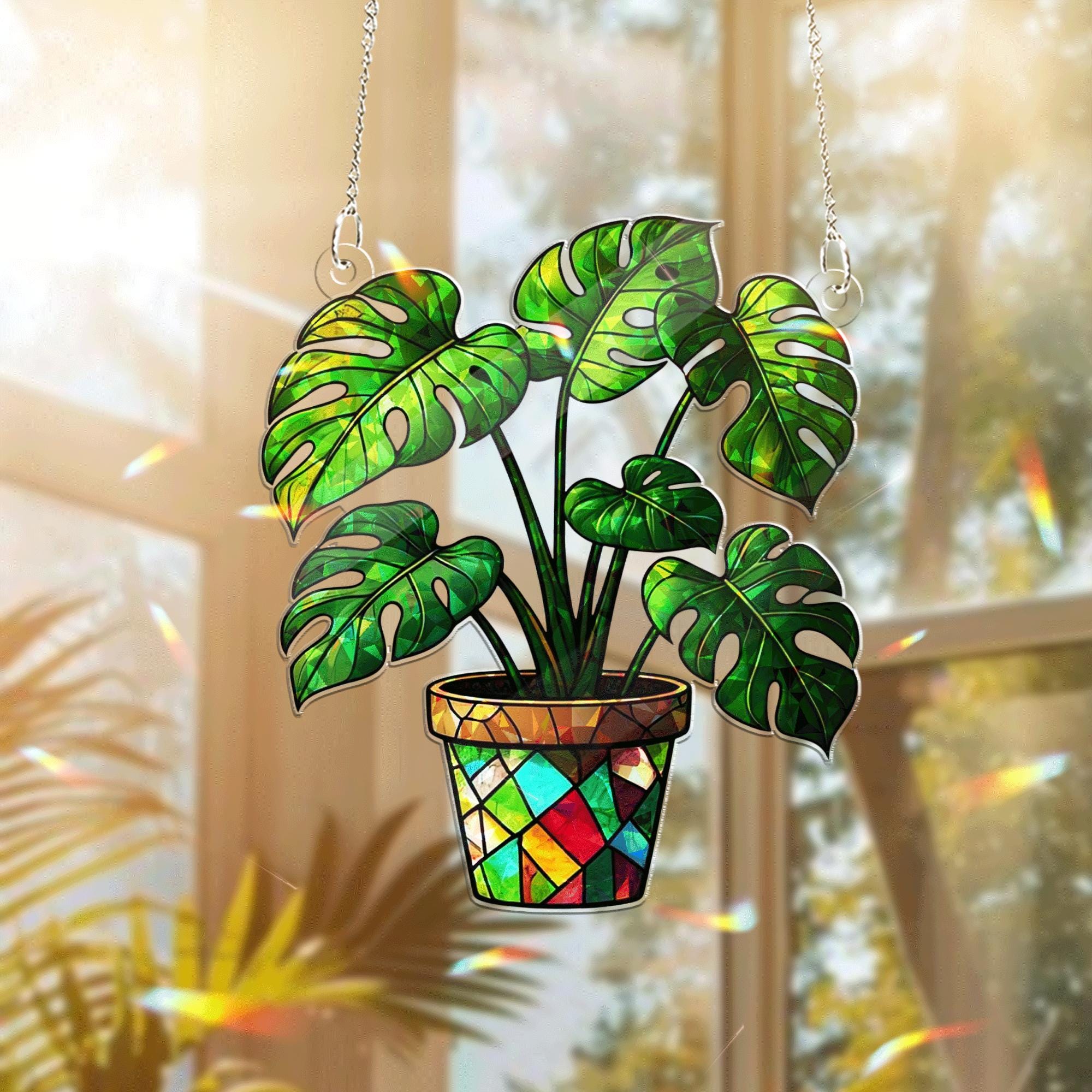 Monstera Plant Acrylic Window Hanging | Stained Glass Style Suncatcher for Plant Lovers | Botanical Sun Catcher Home Window Decor