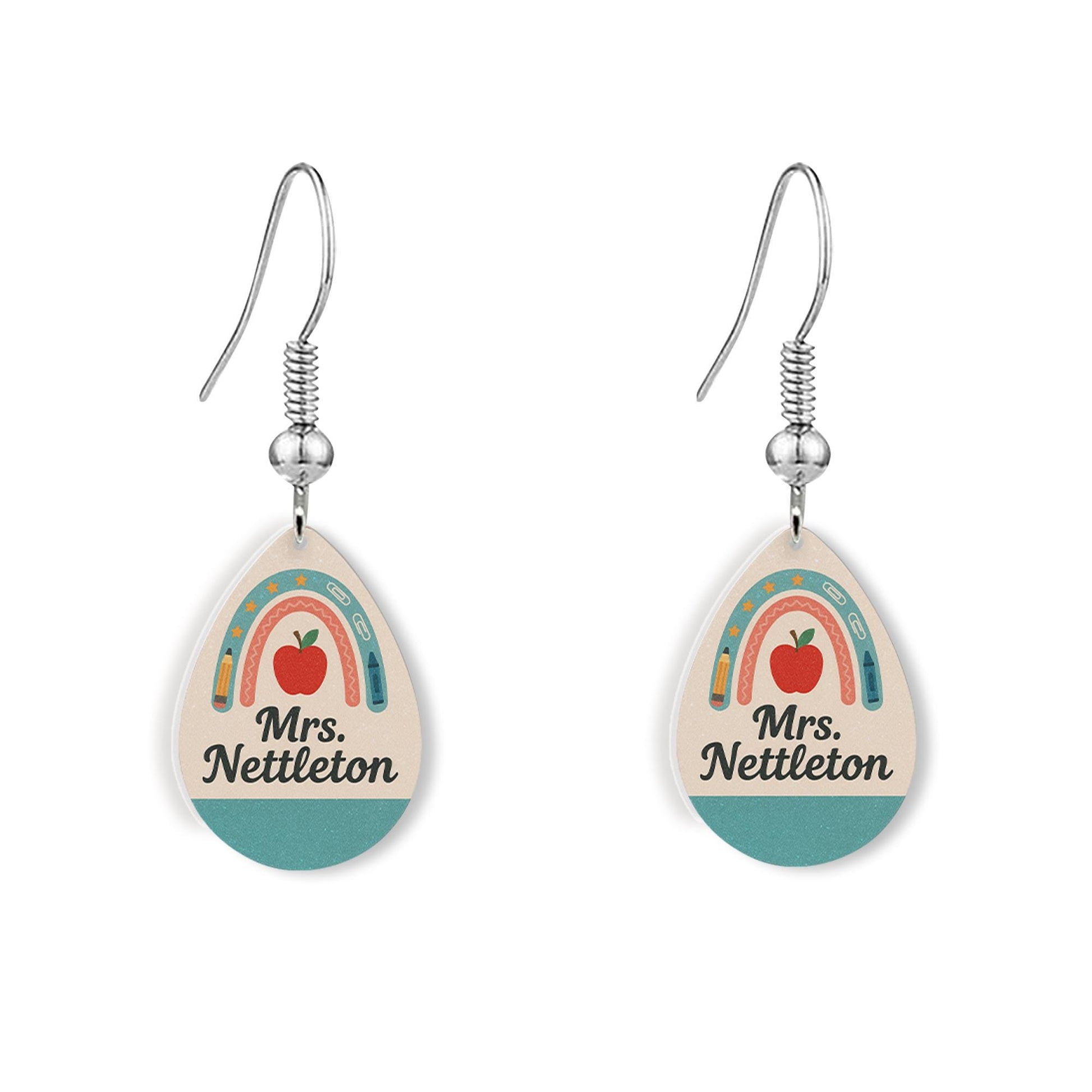 Custom Teacher Name Earrings | Personalized Back to School Jewelry | Apple Rainbow Dangle Earrings | Teacher Gift for Women