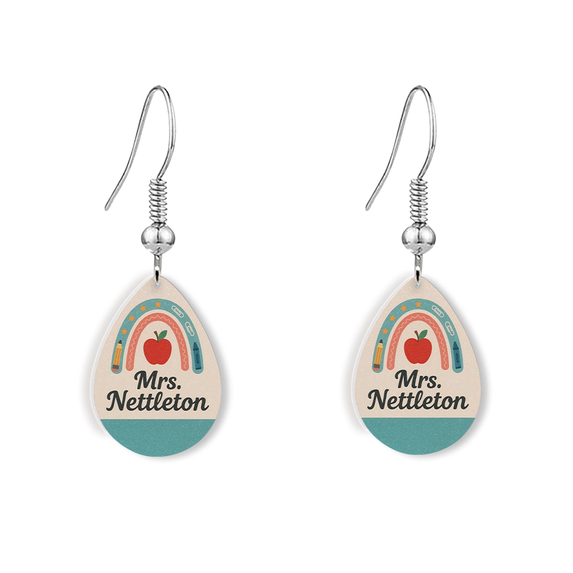 Custom Teacher Name Earrings | Personalized Back to School Jewelry | Apple Rainbow Dangle Earrings | Teacher Gift for Women