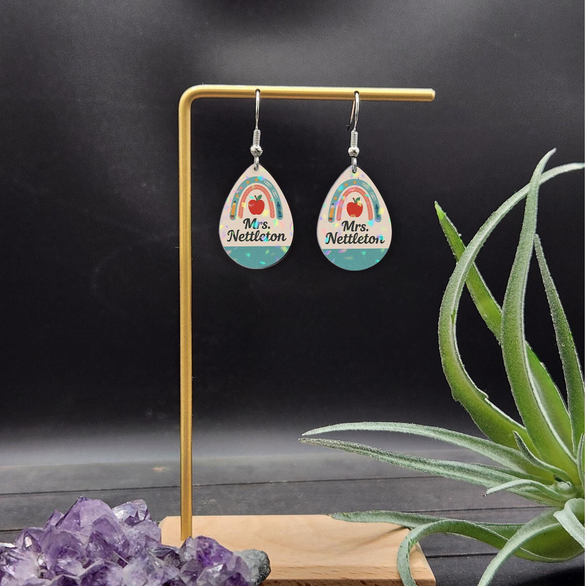 Custom Teacher Name Earrings | Personalized Back to School Jewelry | Apple Rainbow Dangle Earrings | Teacher Gift for Women