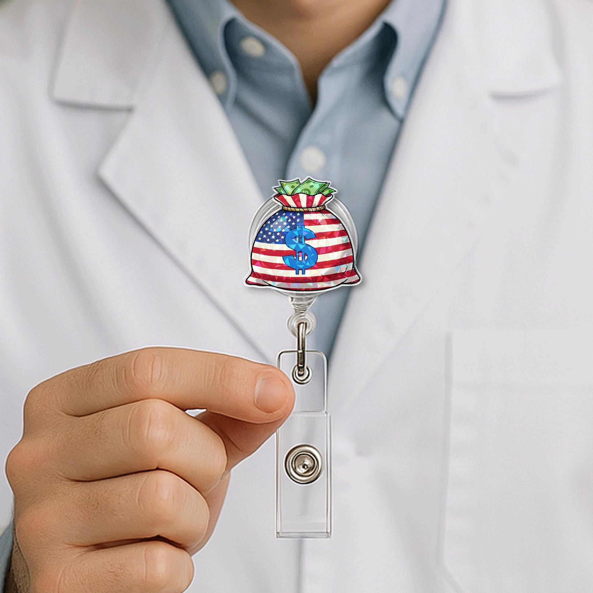 Patriotic Money Bag Badge Reel | USA Dollar Sign Retractable ID Holder | Funny Office Nurse Work Accessory | 4th of July Gift Idea