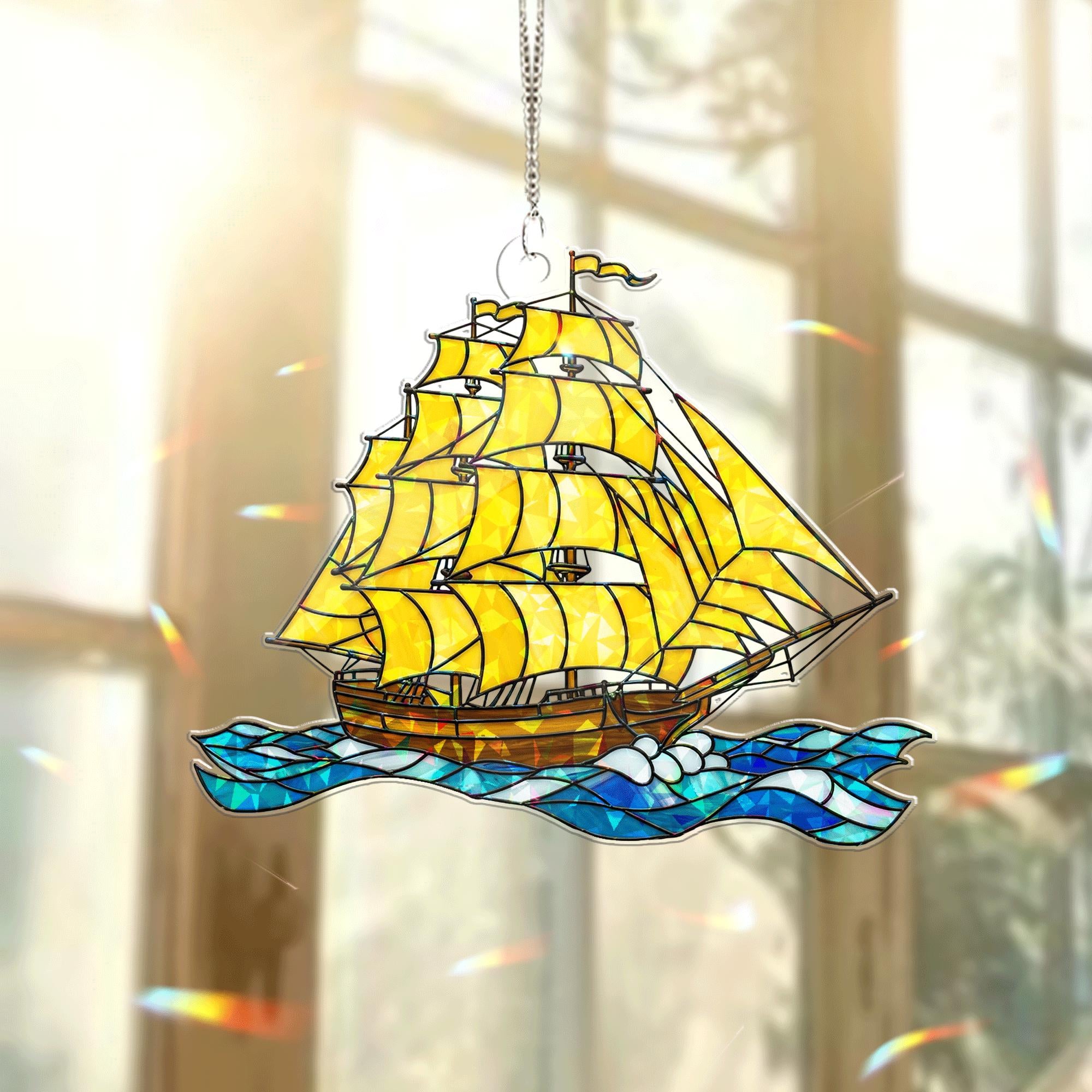 Summer Sailboat Acrylic Window Hanging | Nautical Stained Glass Style Sun Catcher Decor | Ocean Ship Gift for Beach Lover