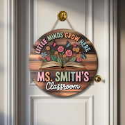 Little Minds Grow Here Classroom Door Sign - Personalized Teacher Name Sign - Back to School Gift - Floral Book Wood Decor, Classroom Decor