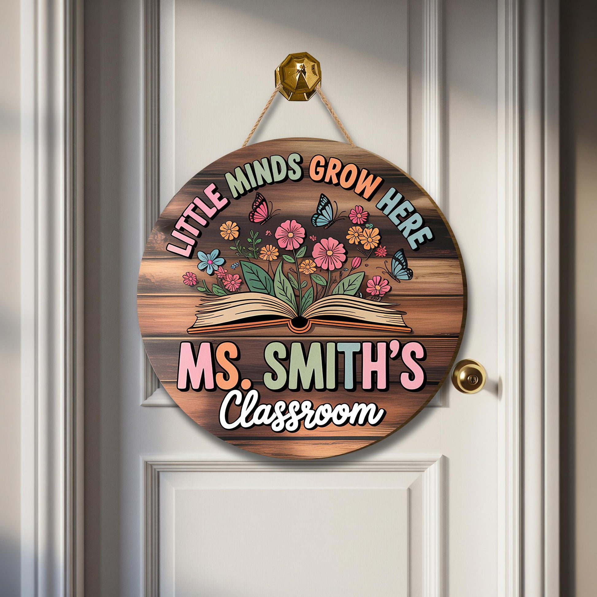 Little Minds Grow Here Classroom Door Sign - Personalized Teacher Name Sign - Back to School Gift - Floral Book Wood Decor, Classroom Decor