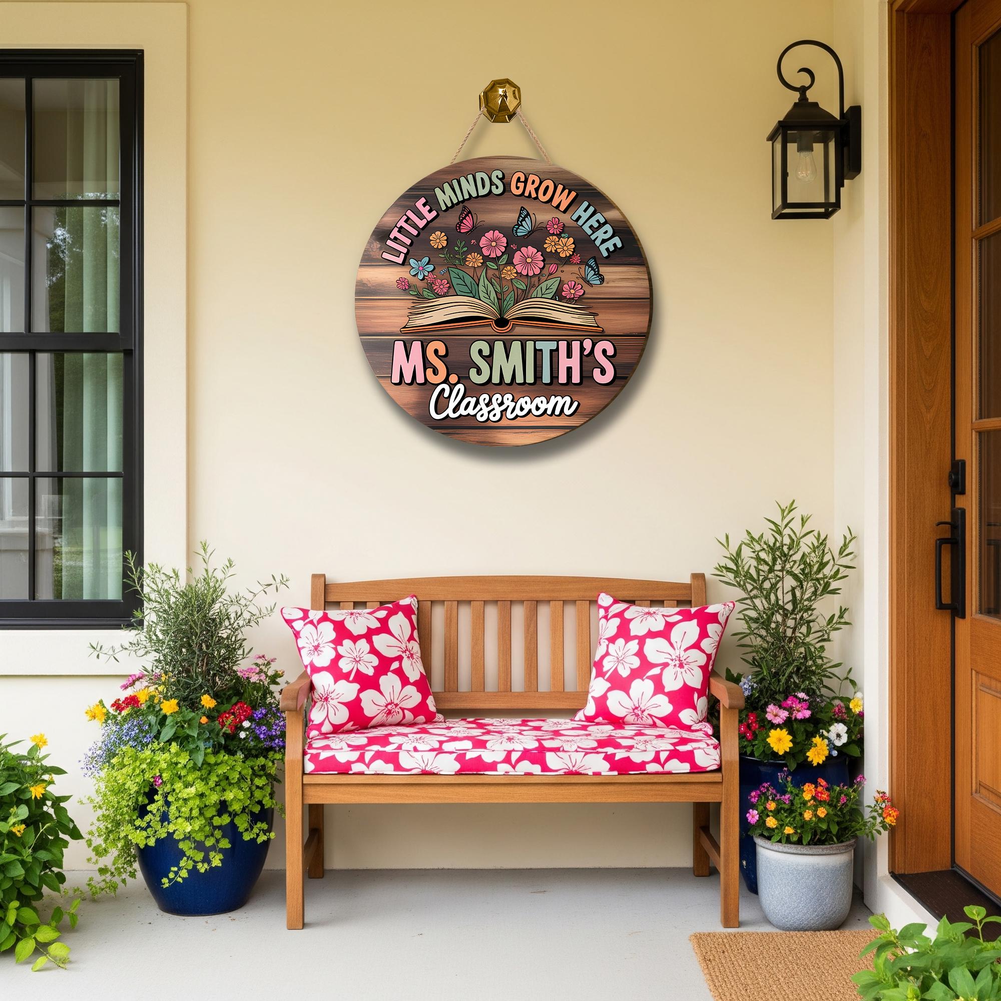 Little Minds Grow Here Classroom Door Sign - Personalized Teacher Name Sign - Back to School Gift - Floral Book Wood Decor, Classroom Decor