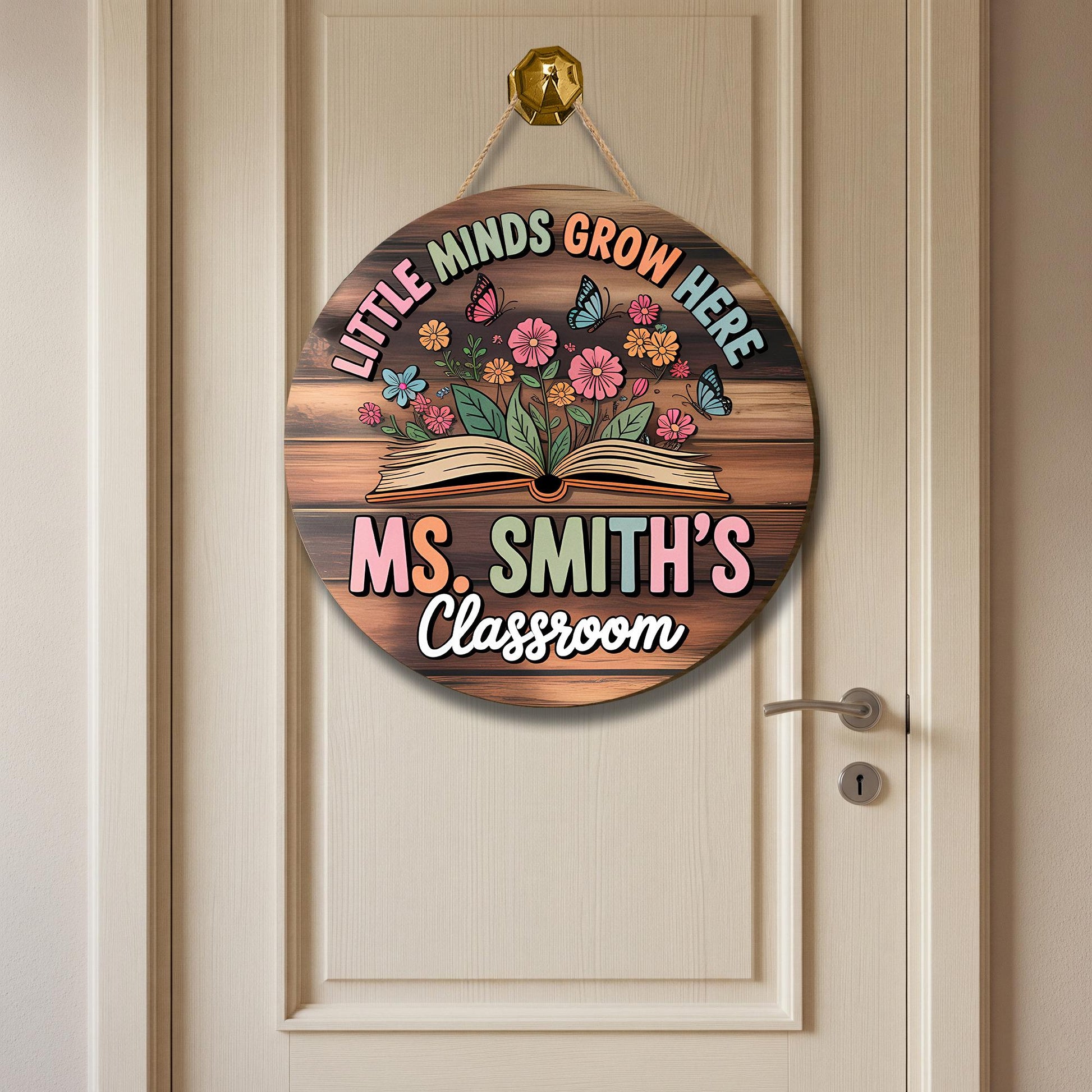 Little Minds Grow Here Classroom Door Sign - Personalized Teacher Name Sign - Back to School Gift - Floral Book Wood Decor, Classroom Decor