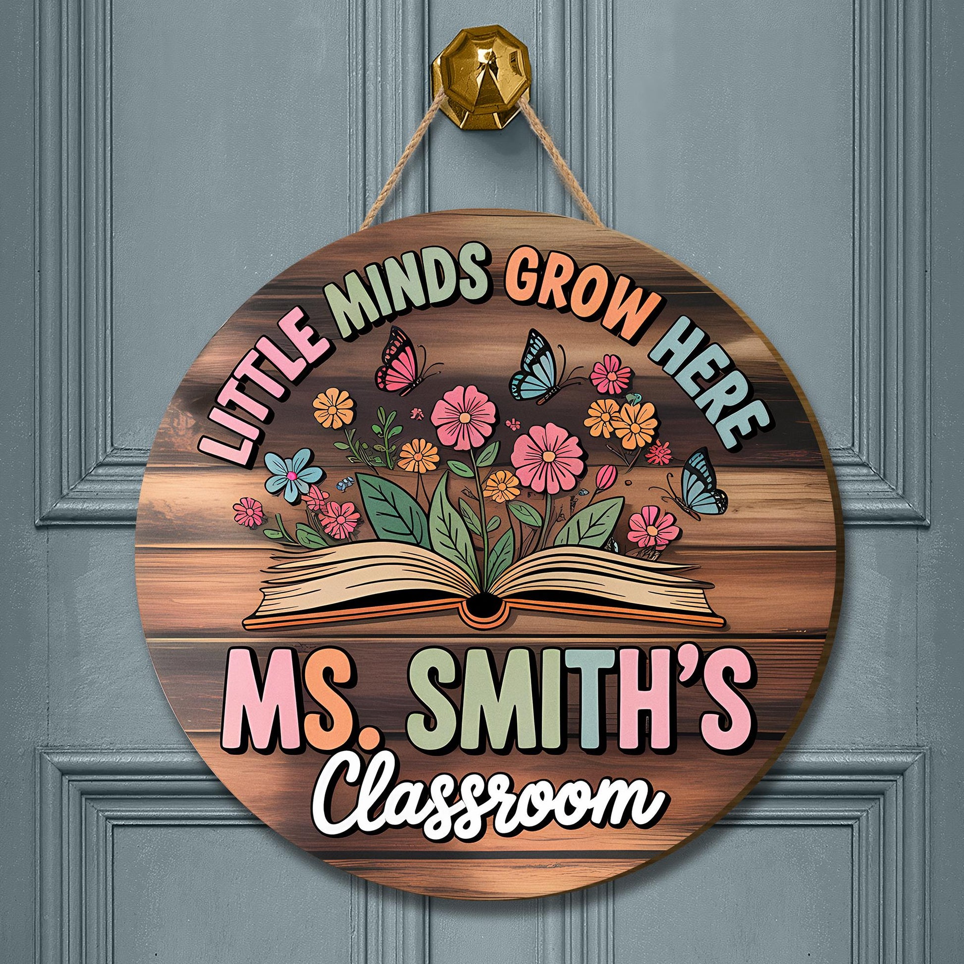 Little Minds Grow Here Classroom Door Sign - Personalized Teacher Name Sign - Back to School Gift - Floral Book Wood Decor, Classroom Decor