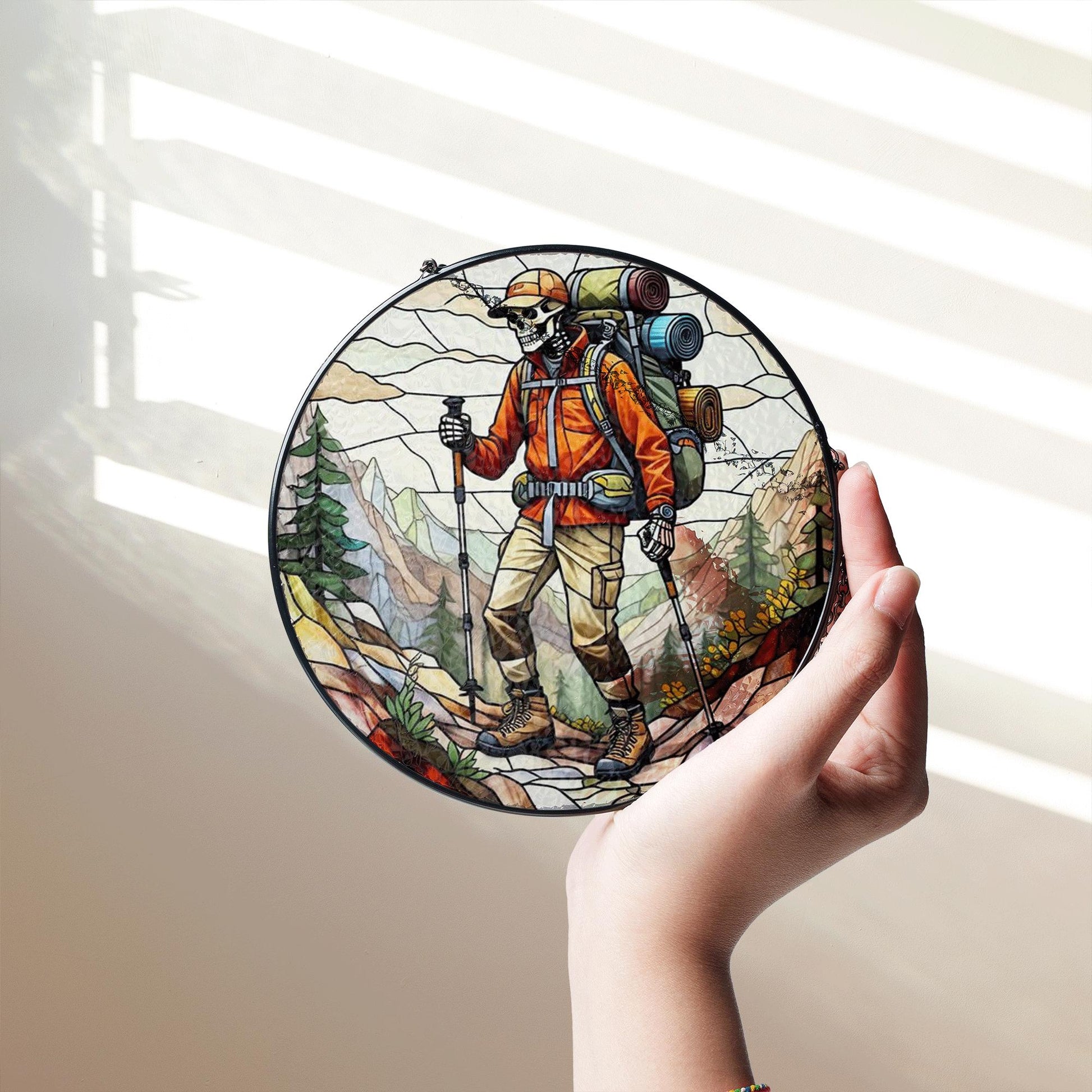 Hiking Skeleton Glass Suncatcher | Father's Day Outdoor Gift | Stained Glass Camper Window Decor | Unique Gift for Adventurer Dad