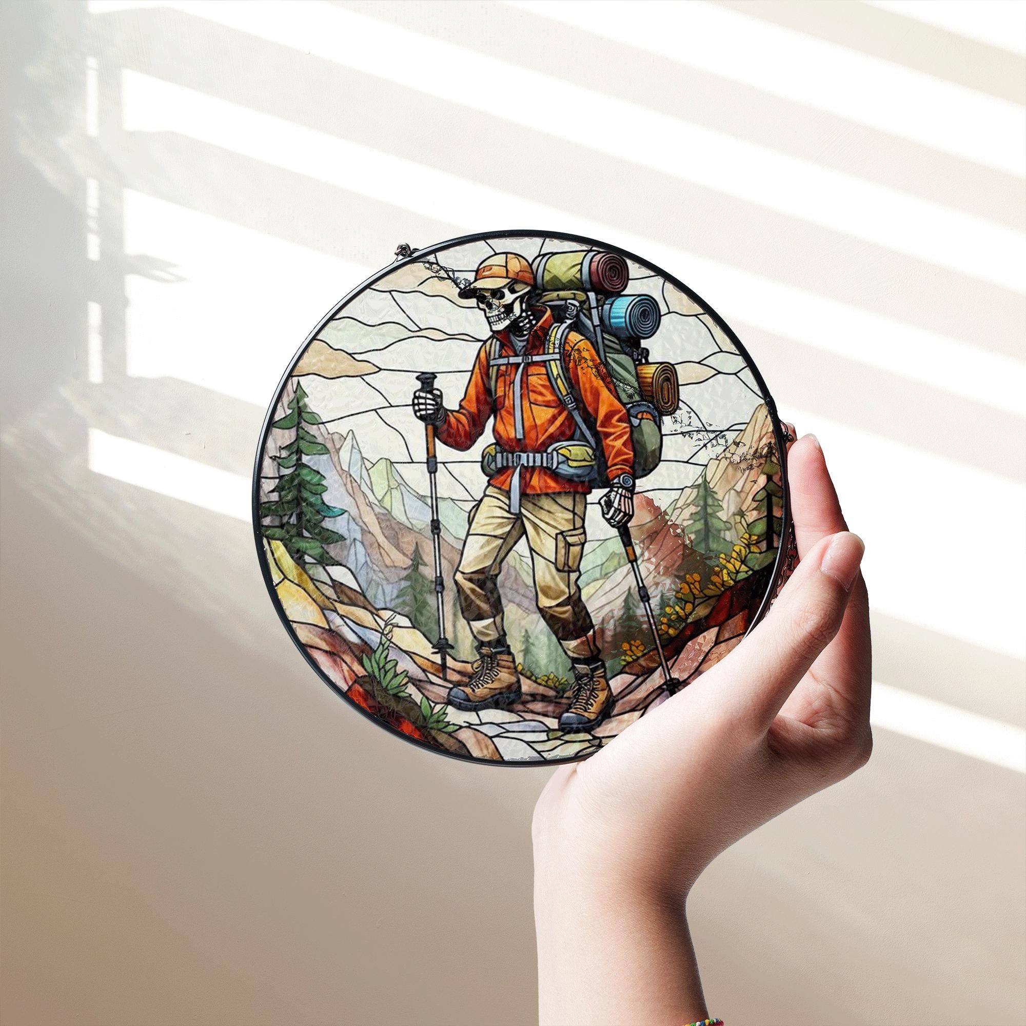 Hiking Skeleton Glass Suncatcher | Father's Day Outdoor Gift | Stained Glass Camper Window Decor | Unique Gift for Adventurer Dad