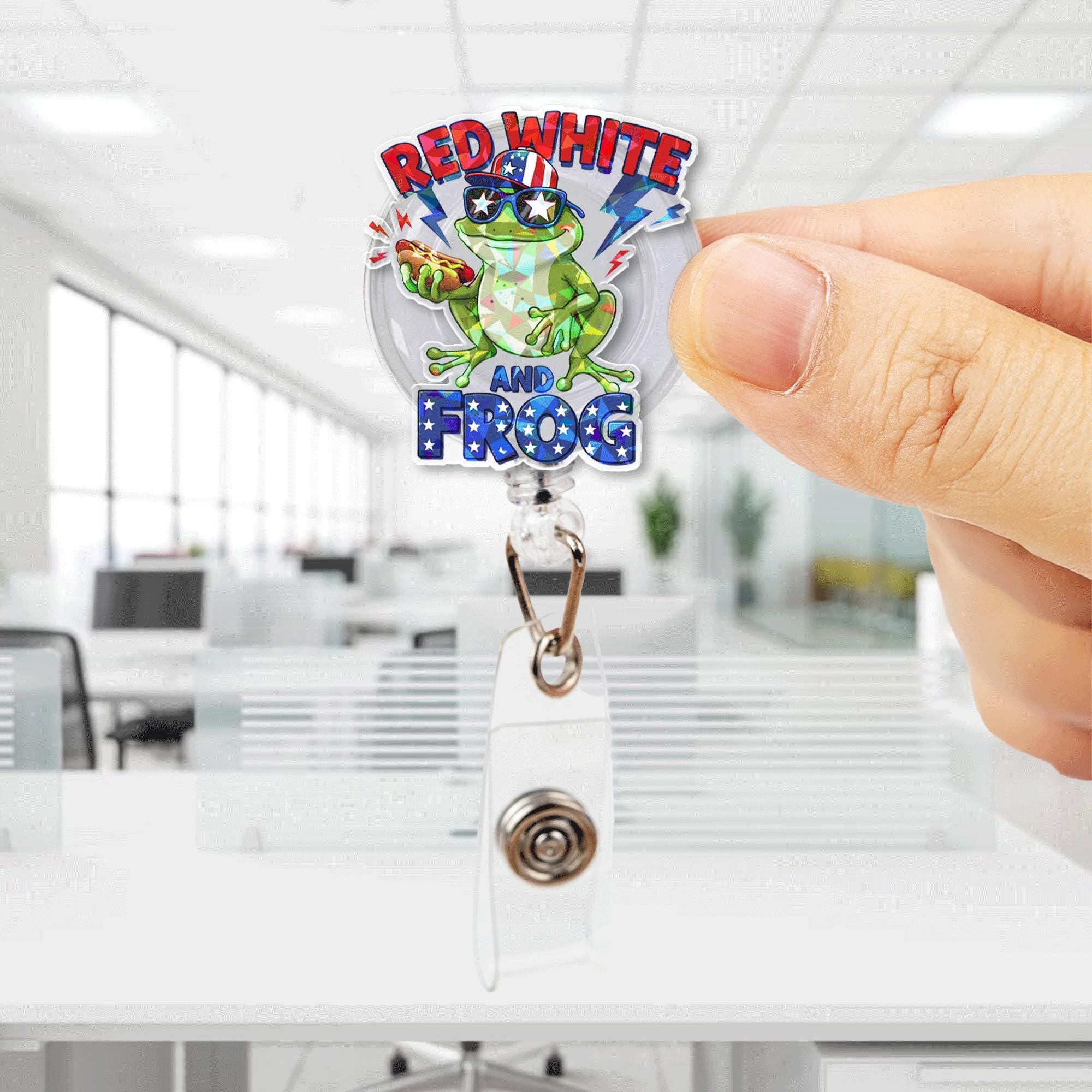 Funny Frog Badge Reel | Red White and Frog ID Holder | 4th of July Patriotic Badge Clip | Cute Retractable Reel for Nurses & Teachers
