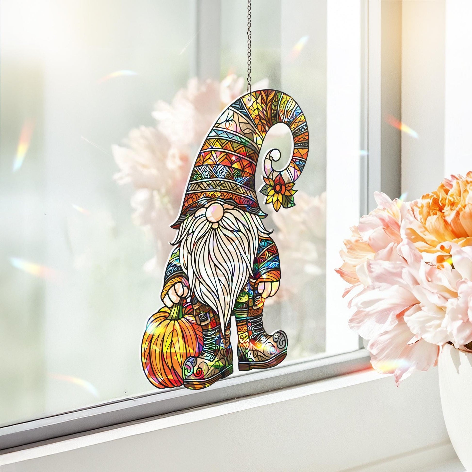Fall Gnome Suncatcher, Window Decor, Autumn Pumpkin Gnome Ornament, Holographic Acrylic Sun Catcher Gift for mom