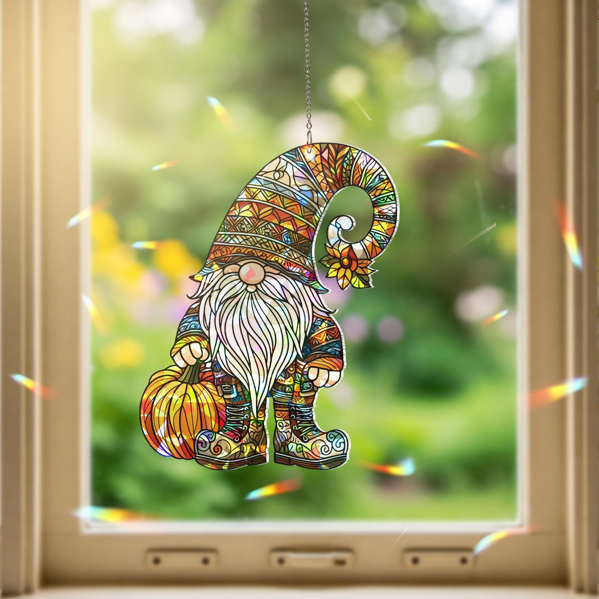 Fall Gnome Suncatcher, Window Decor, Autumn Pumpkin Gnome Ornament, Holographic Acrylic Sun Catcher Gift for mom