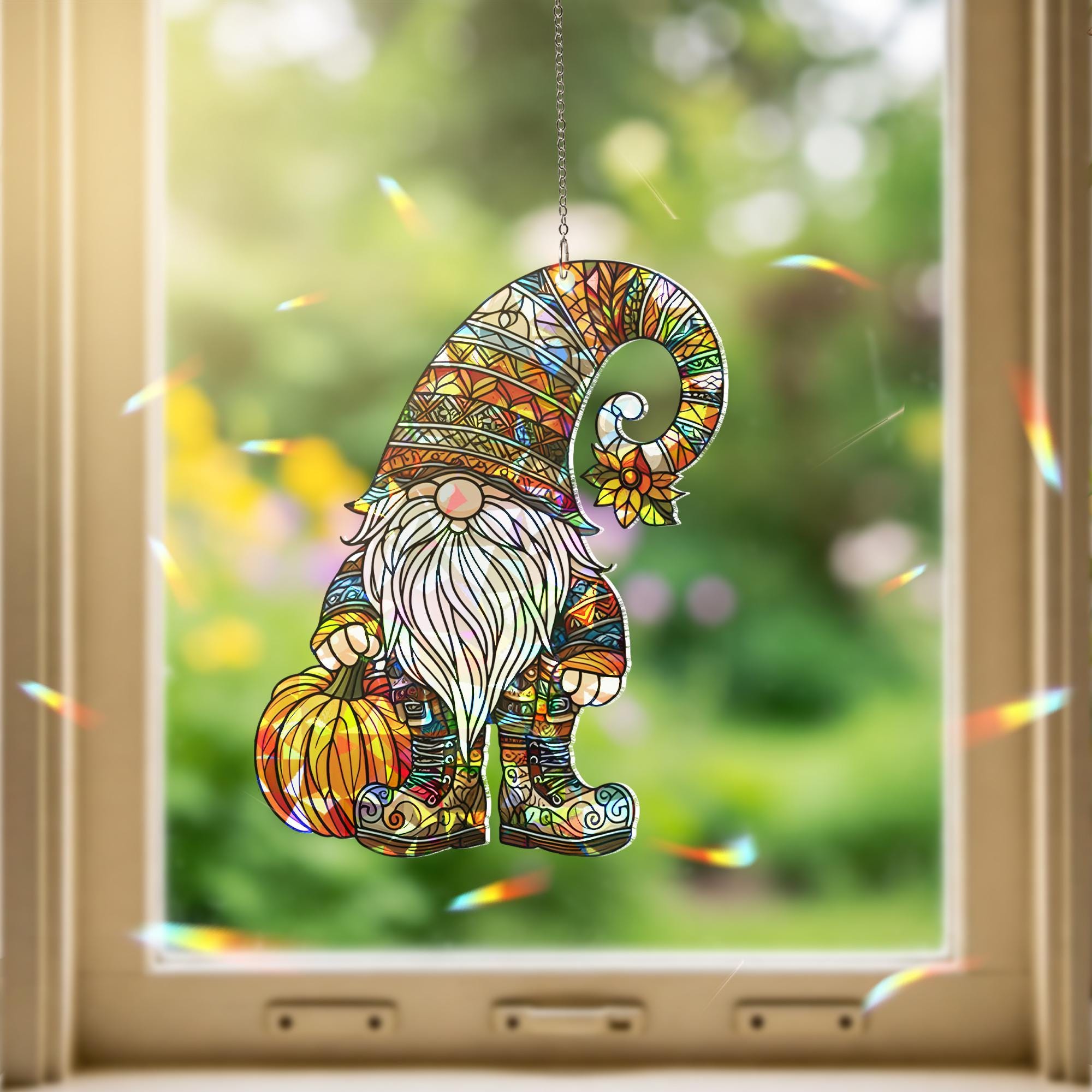 Fall Gnome Suncatcher, Window Decor, Autumn Pumpkin Gnome Ornament, Holographic Acrylic Sun Catcher Gift for mom