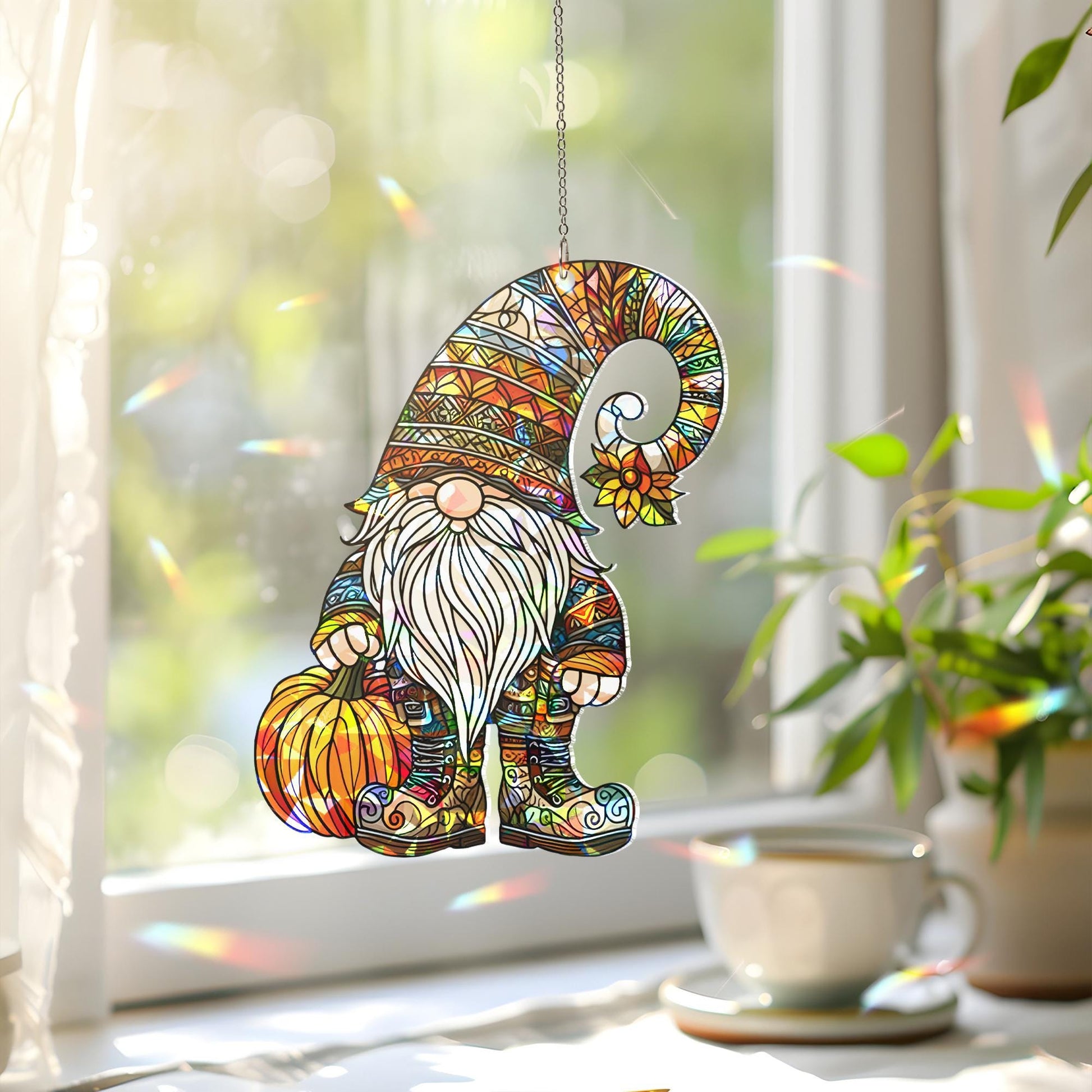 Fall Gnome Suncatcher, Window Decor, Autumn Pumpkin Gnome Ornament, Holographic Acrylic Sun Catcher Gift for mom