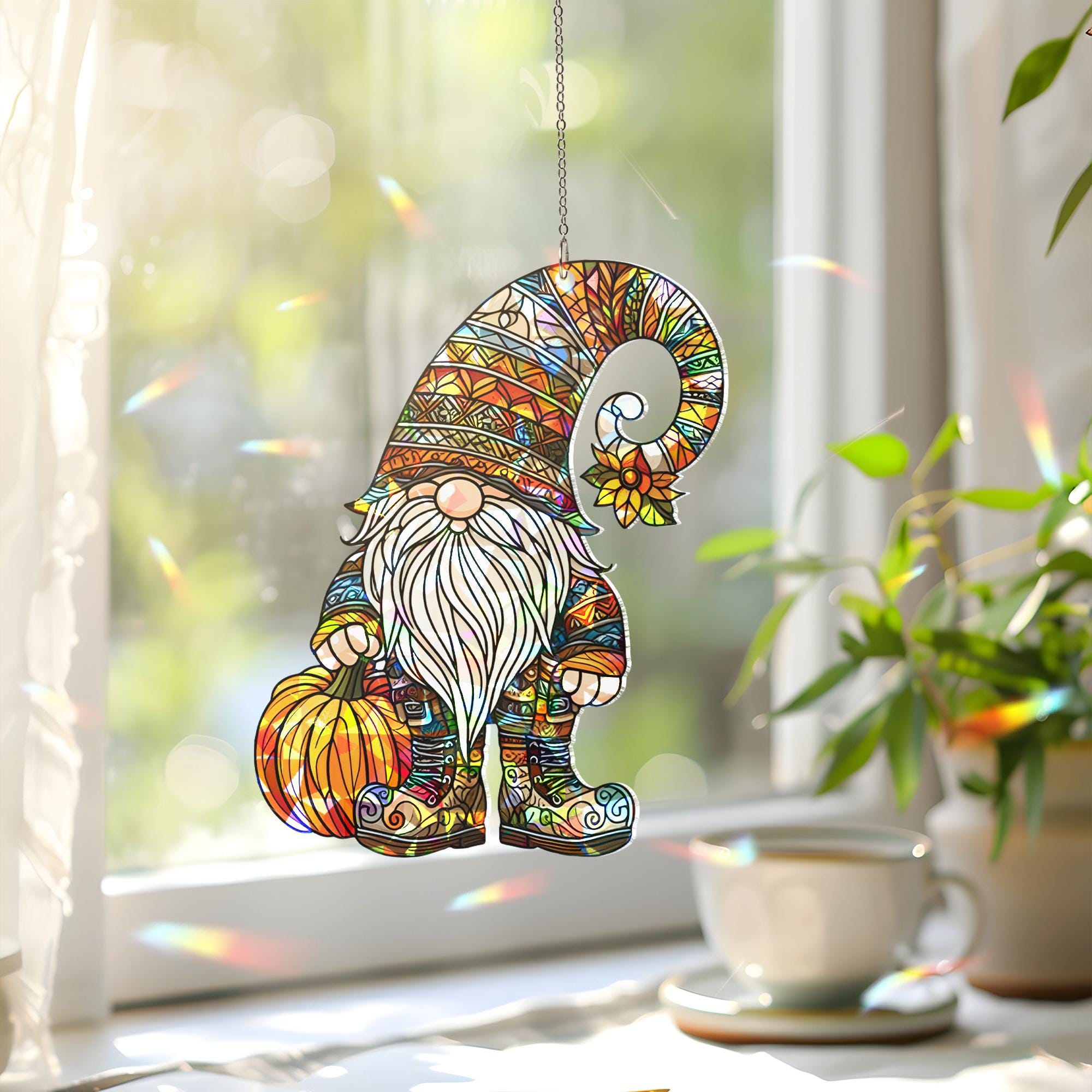 Fall Gnome Suncatcher, Window Decor, Autumn Pumpkin Gnome Ornament, Holographic Acrylic Sun Catcher Gift for mom