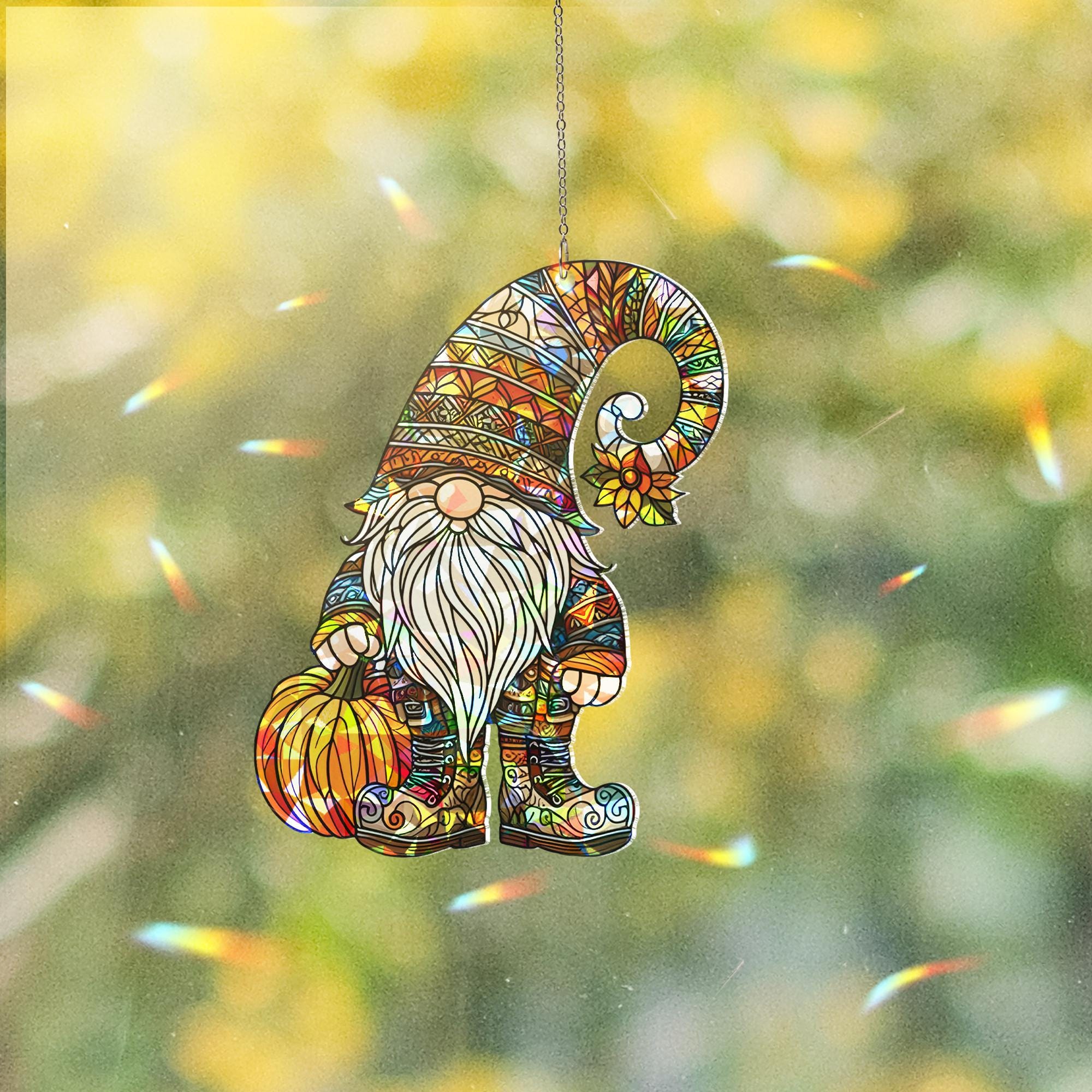 Fall Gnome Suncatcher, Window Decor, Autumn Pumpkin Gnome Ornament, Holographic Acrylic Sun Catcher Gift for mom