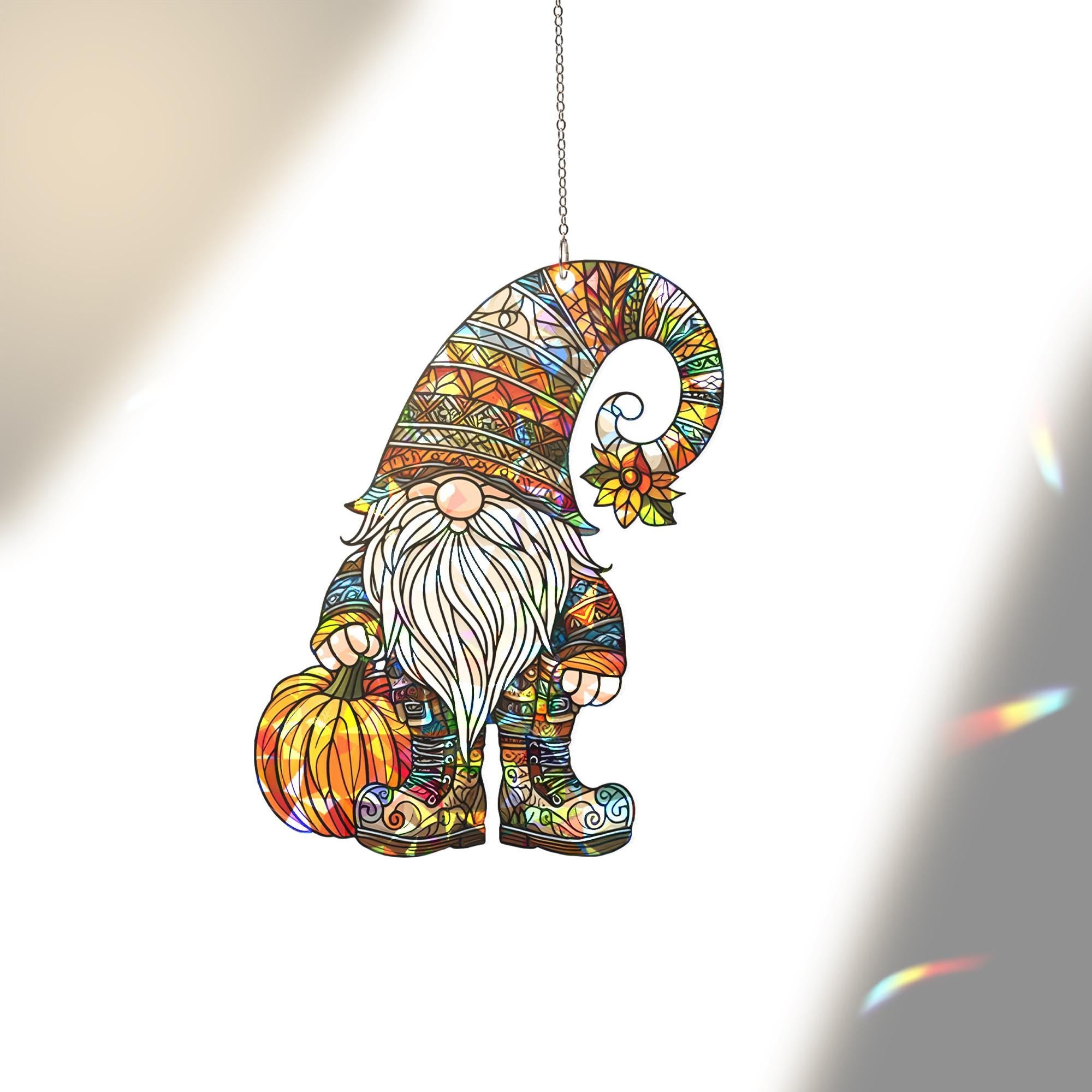 Fall Gnome Suncatcher, Window Decor, Autumn Pumpkin Gnome Ornament, Holographic Acrylic Sun Catcher Gift for mom