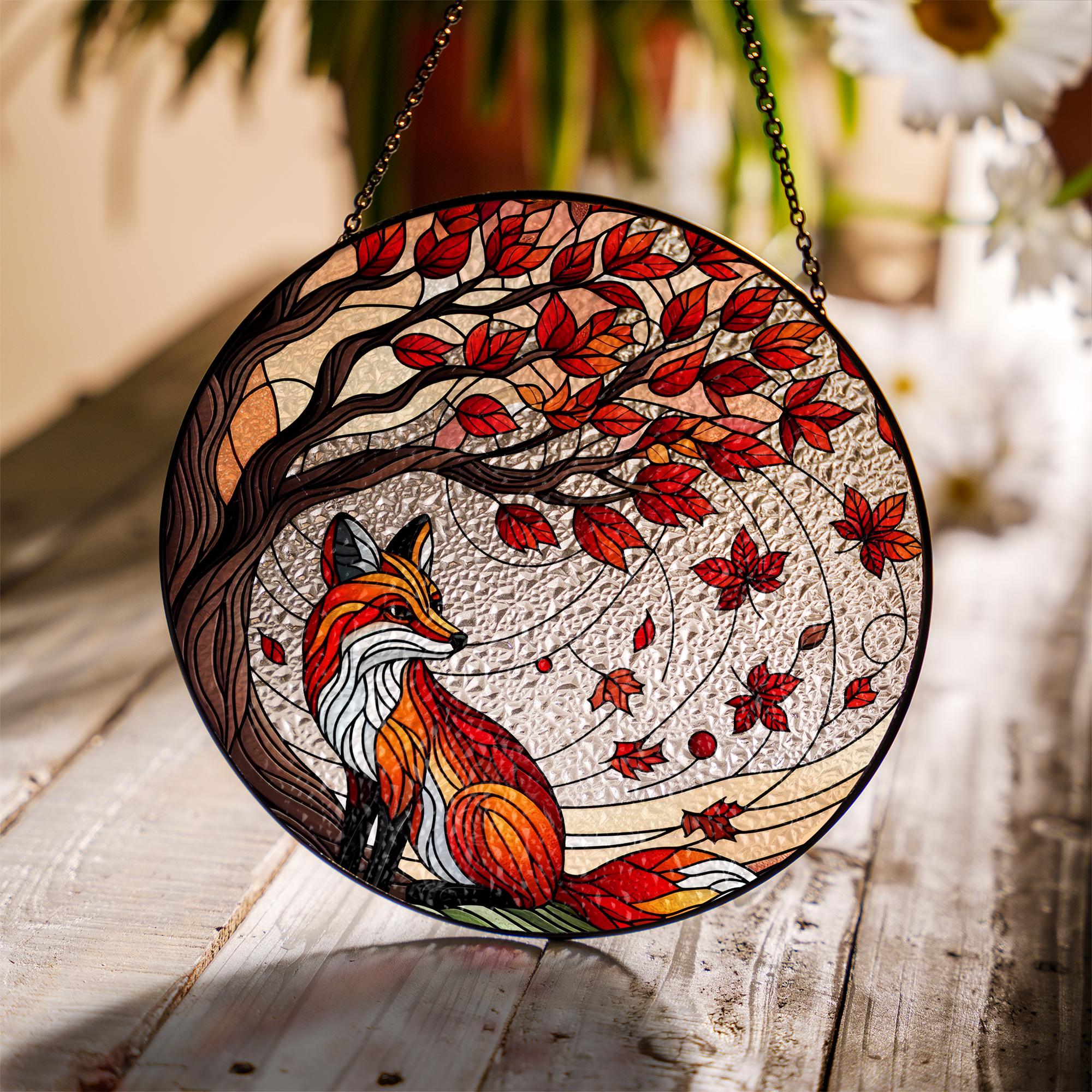 Fox Glass Suncatcher, Autumn Glass Decor, Fall Window Hanging, Woodland Animal Ornament, Red Leaves Fox Sun Catcher