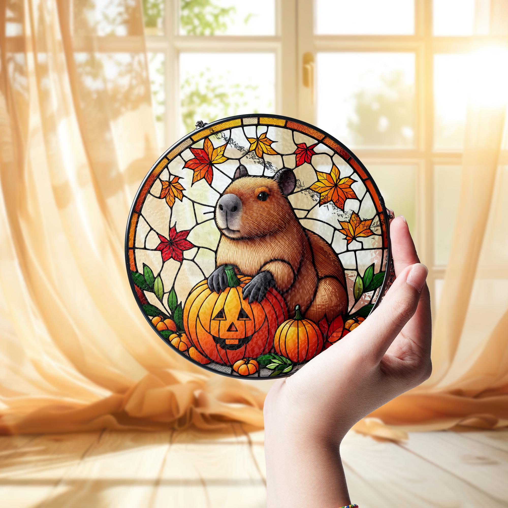 Capybara Halloween Suncatcher, Glass Pumpkin Decor, Fall Animal Window Art, Cute Autumn Capybara Hanging Gift