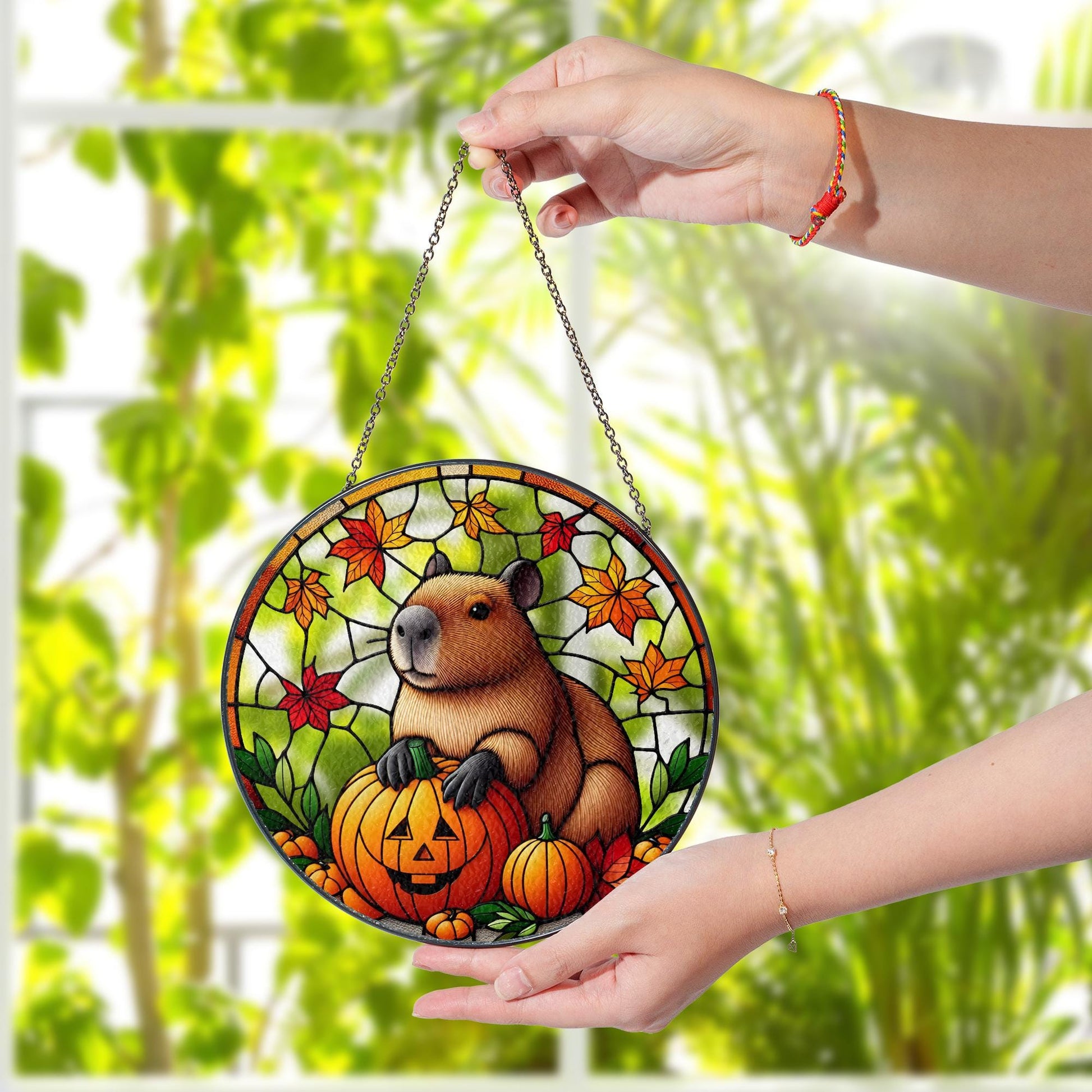 Capybara Halloween Suncatcher, Glass Pumpkin Decor, Fall Animal Window Art, Cute Autumn Capybara Hanging Gift