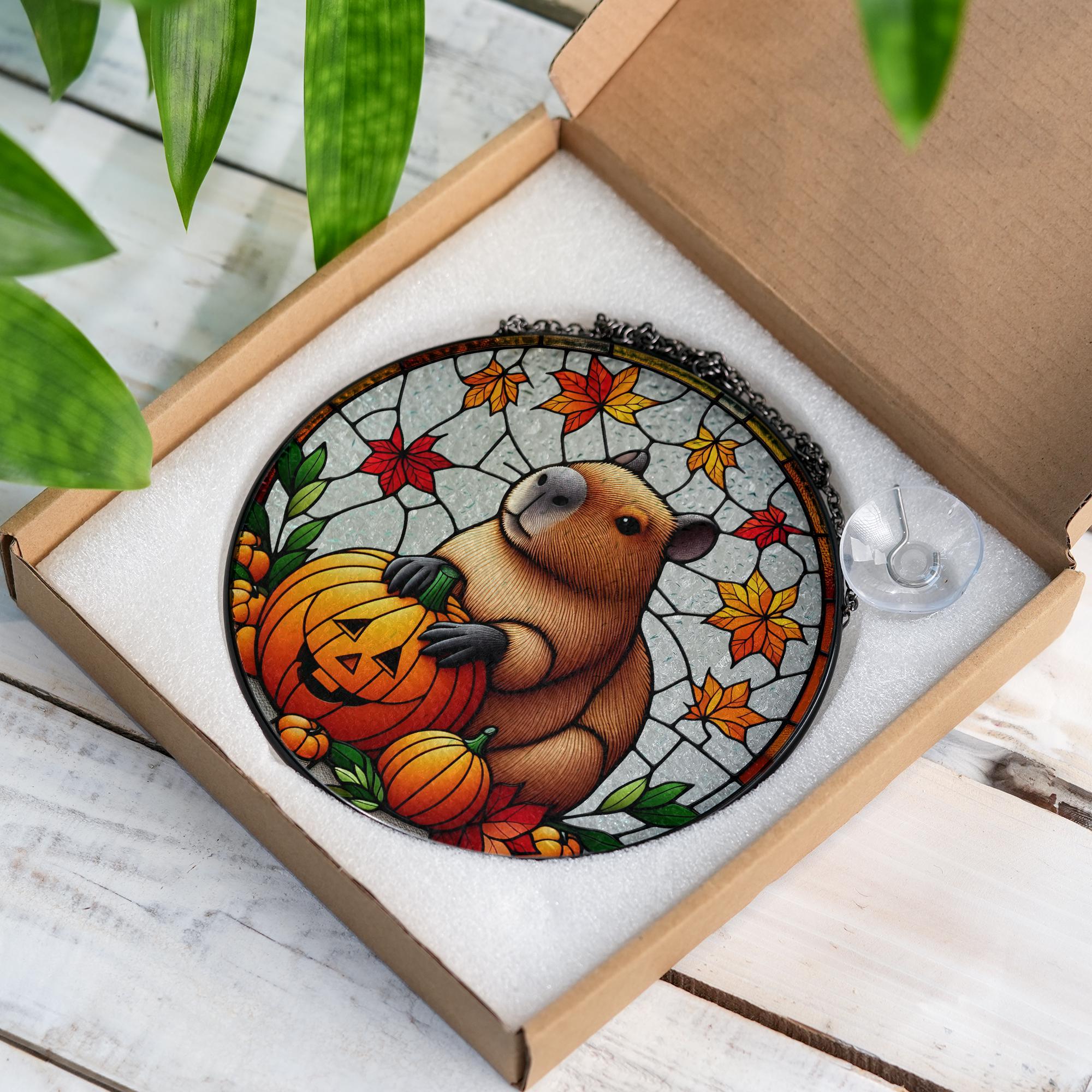 Capybara Halloween Suncatcher, Glass Pumpkin Decor, Fall Animal Window Art, Cute Autumn Capybara Hanging Gift