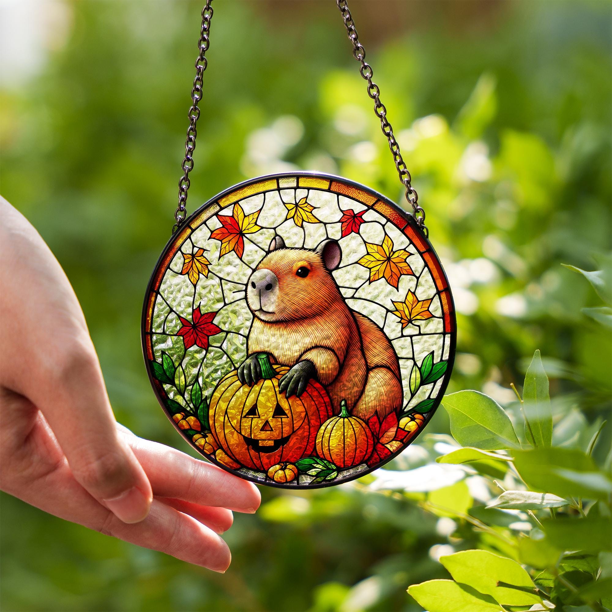 Capybara Halloween Suncatcher, Glass Pumpkin Decor, Fall Animal Window Art, Cute Autumn Capybara Hanging Gift