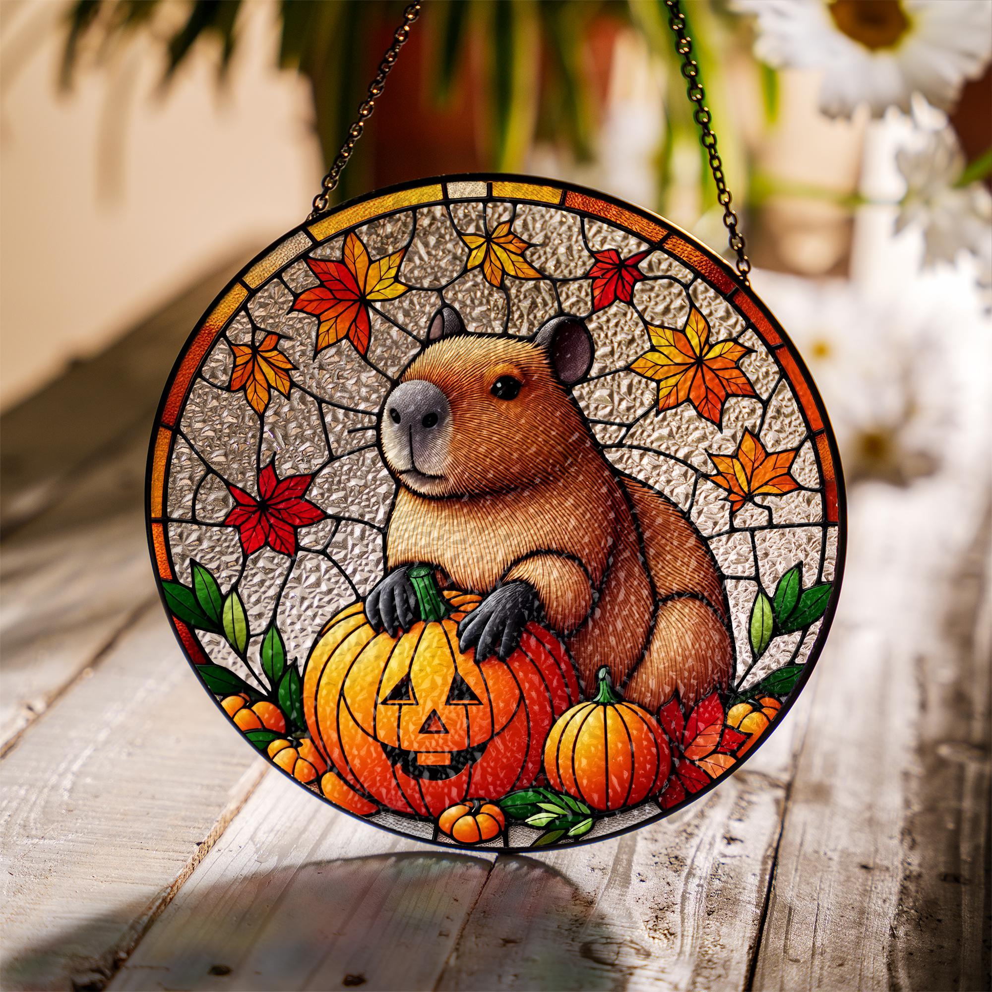 Capybara Halloween Suncatcher, Glass Pumpkin Decor, Fall Animal Window Art, Cute Autumn Capybara Hanging Gift