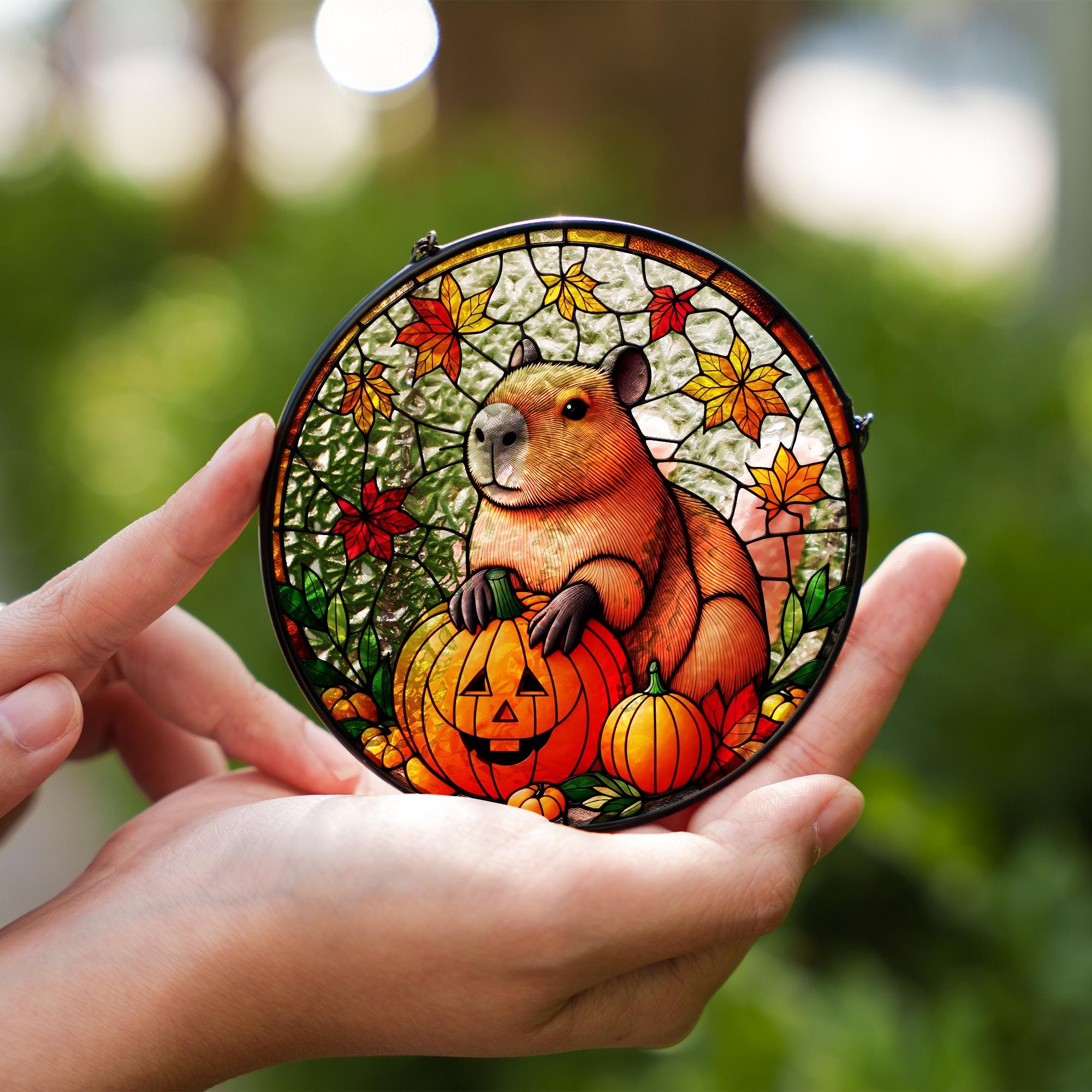Capybara Halloween Suncatcher, Glass Pumpkin Decor, Fall Animal Window Art, Cute Autumn Capybara Hanging Gift
