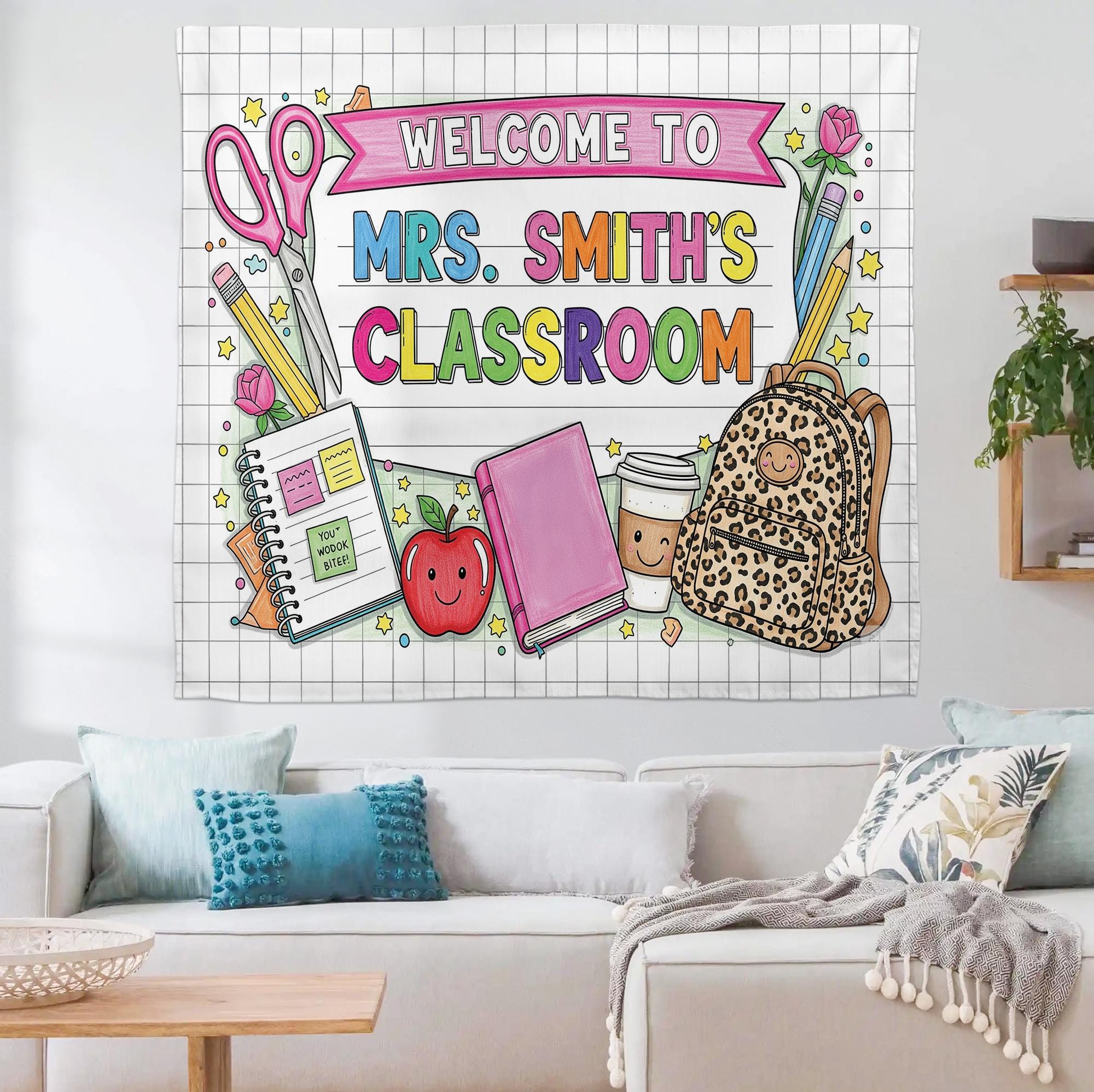 Personalized Classroom Tapestry, Teacher Name Wall Banner, Cute Back to School Decor, Welcome Sign for Classroom,Custom Gift,Classroom Decor