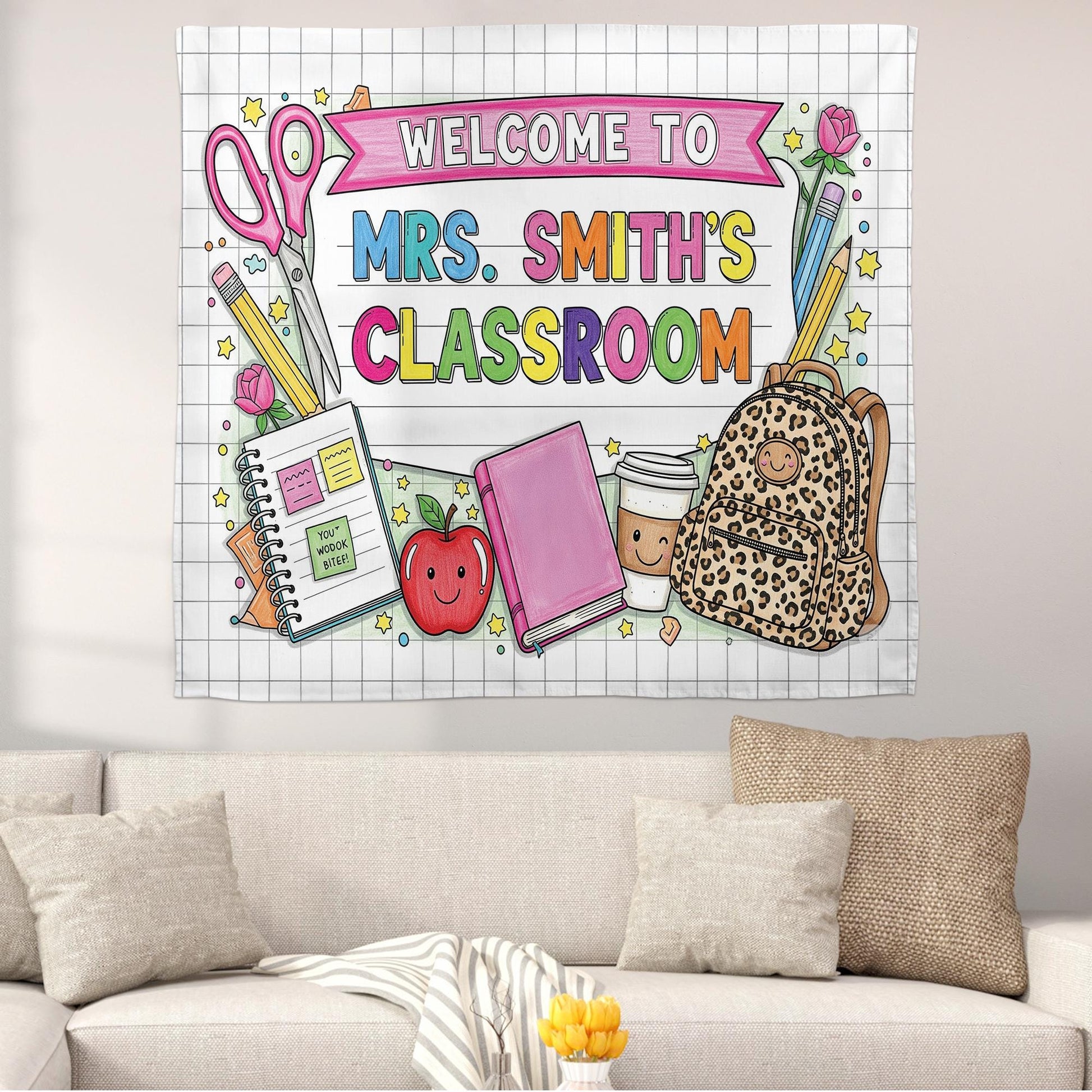 Personalized Classroom Tapestry, Teacher Name Wall Banner, Cute Back to School Decor, Welcome Sign for Classroom,Custom Gift,Classroom Decor