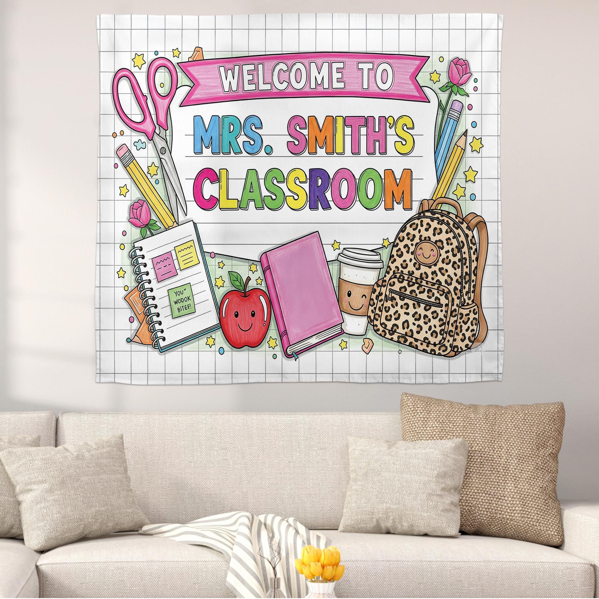 Personalized Classroom Tapestry, Teacher Name Wall Banner, Cute Back to School Decor, Welcome Sign for Classroom,Custom Gift,Classroom Decor