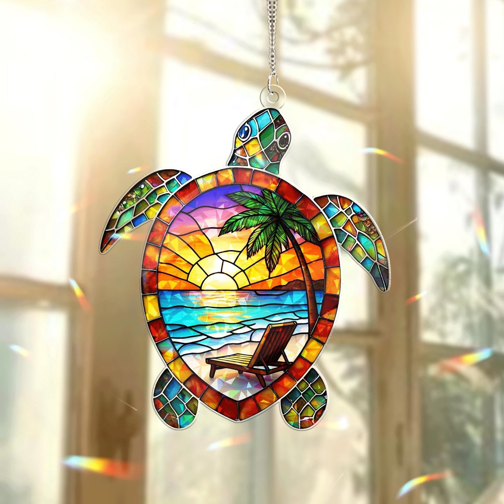 Turtle Beach Sunset Acrylic Window Hanging | Ocean Suncatcher Decor | Summer Beach Vibes Home Accent | Sea Turtle Sun Catcher