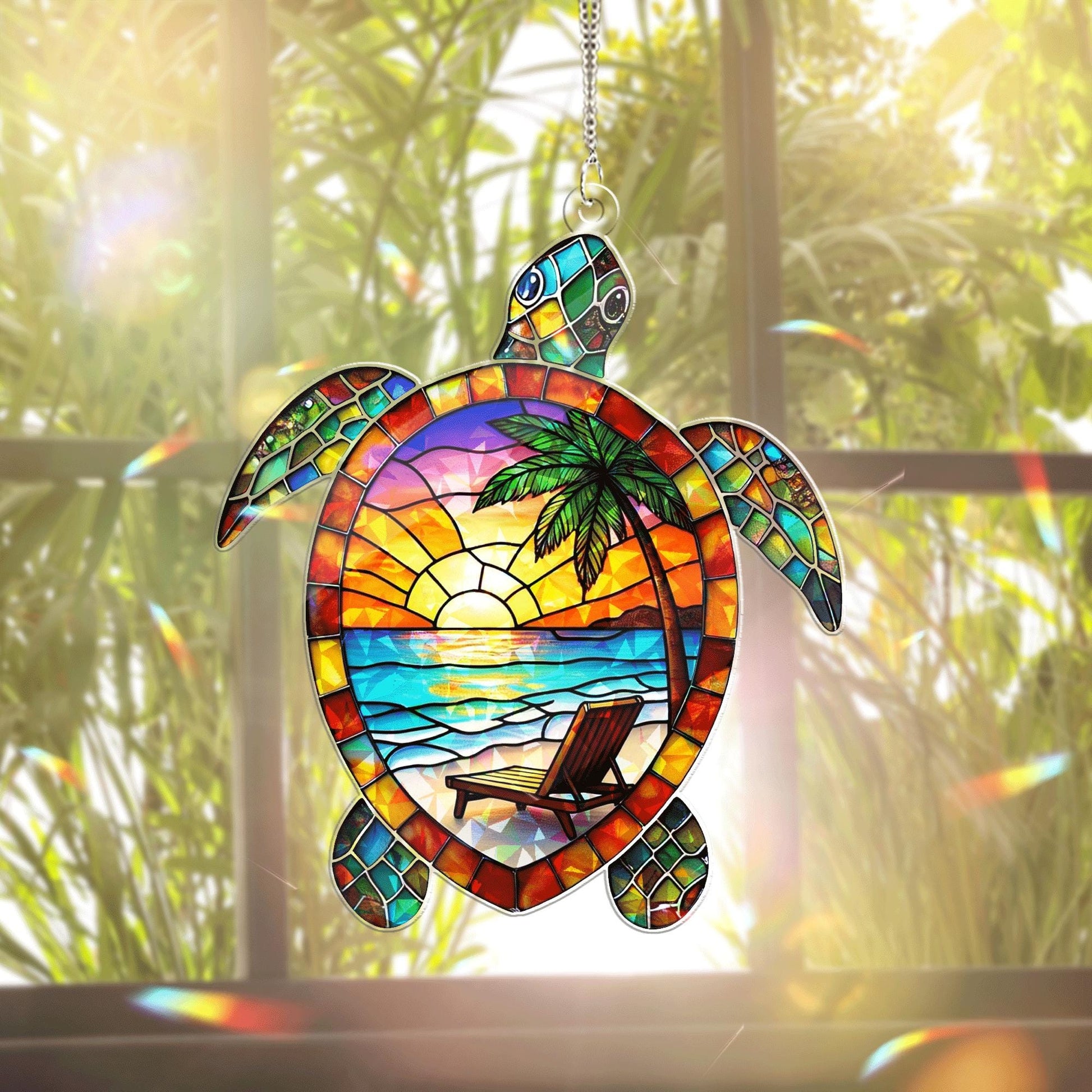 Turtle Beach Sunset Acrylic Window Hanging | Ocean Suncatcher Decor | Summer Beach Vibes Home Accent | Sea Turtle Sun Catcher