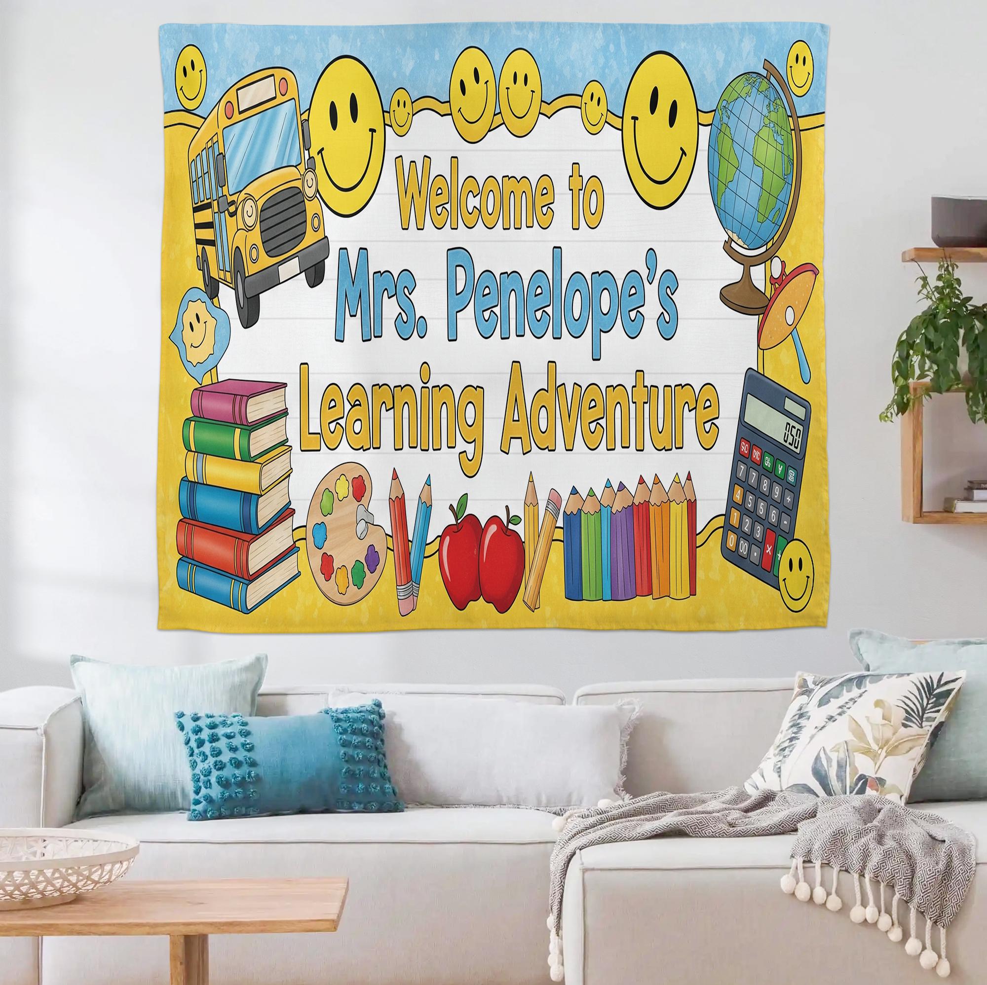 Personalized Teacher Classroom Tapestry, Welcome Back to School Banner, Custom Learning Adventure Wall Decor, Classroom Decor