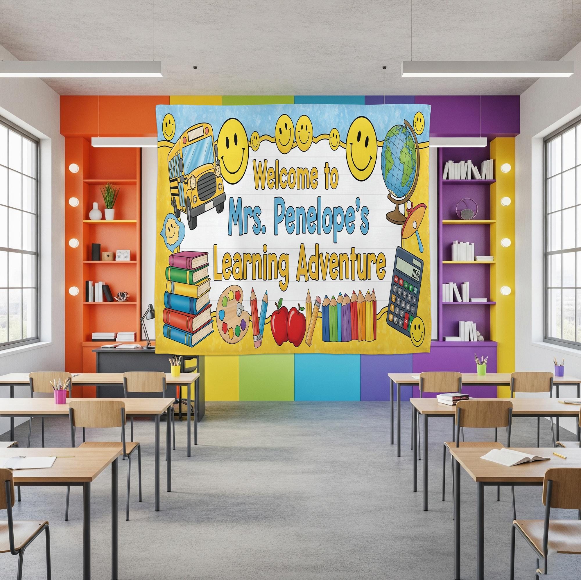 Personalized Teacher Classroom Tapestry, Welcome Back to School Banner, Custom Learning Adventure Wall Decor, Classroom Decor