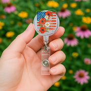 Floral American Flag Badge Reel | Patriotic ID Holder | 4th of July Work Accessory | USA Nurse Teacher Gift | Red White Blue Clip