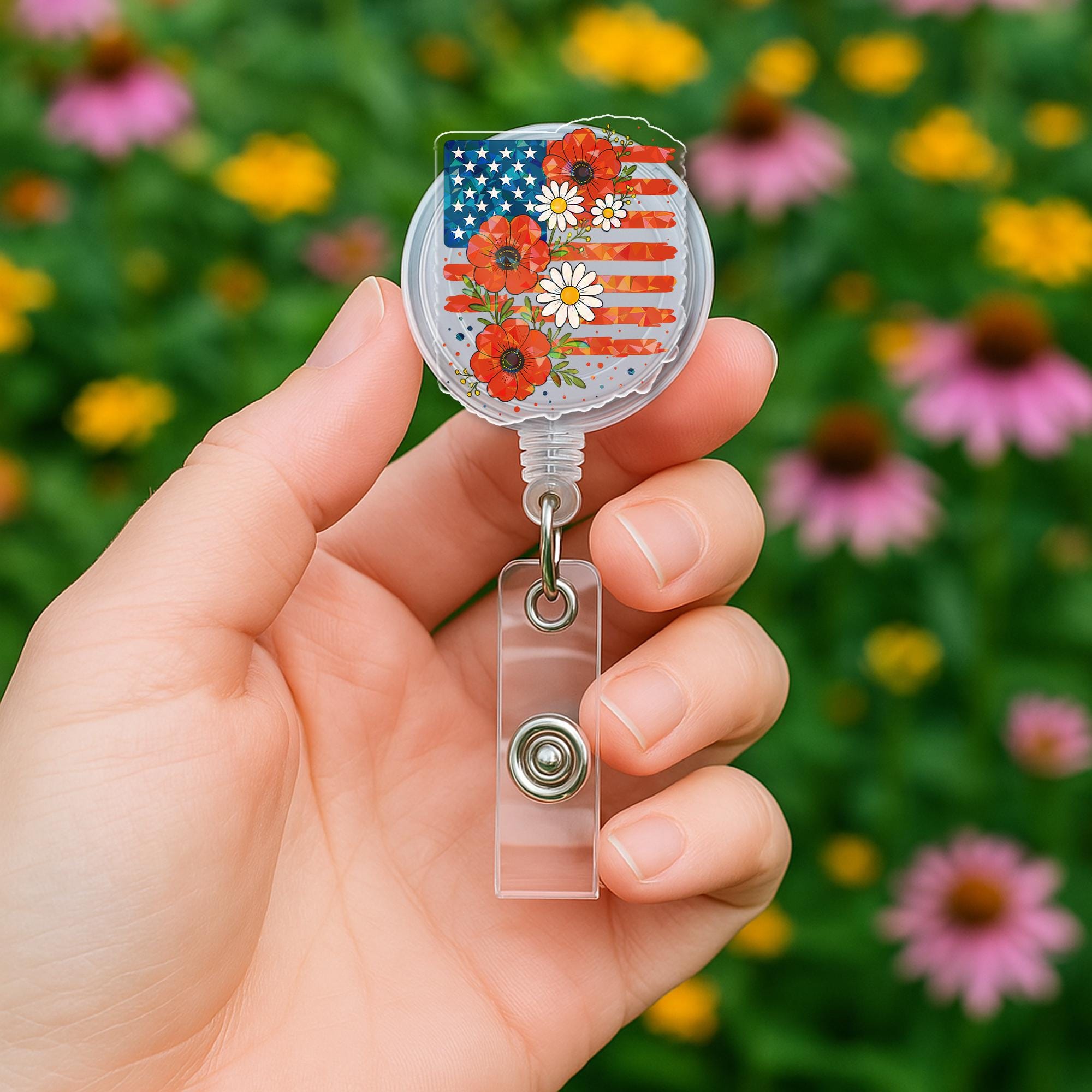 Floral American Flag Badge Reel | Patriotic ID Holder | 4th of July Work Accessory | USA Nurse Teacher Gift | Red White Blue Clip