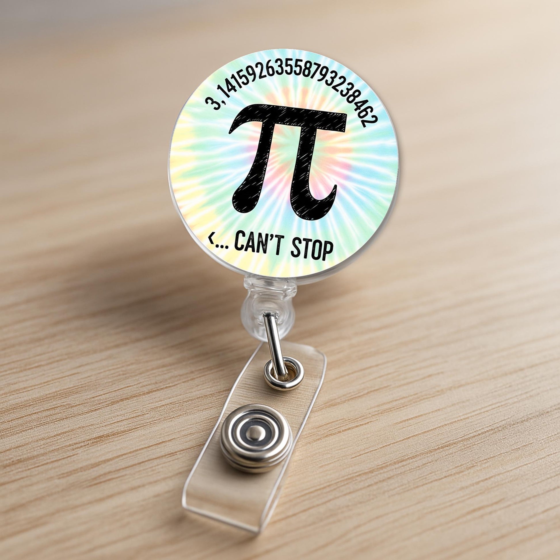 Funny Pi Badge Reel – Math Teacher ID Holder – Pi Day Gift – Can't Stop Pi Name Tag Clip with Tie Dye Background, Back To School Gift