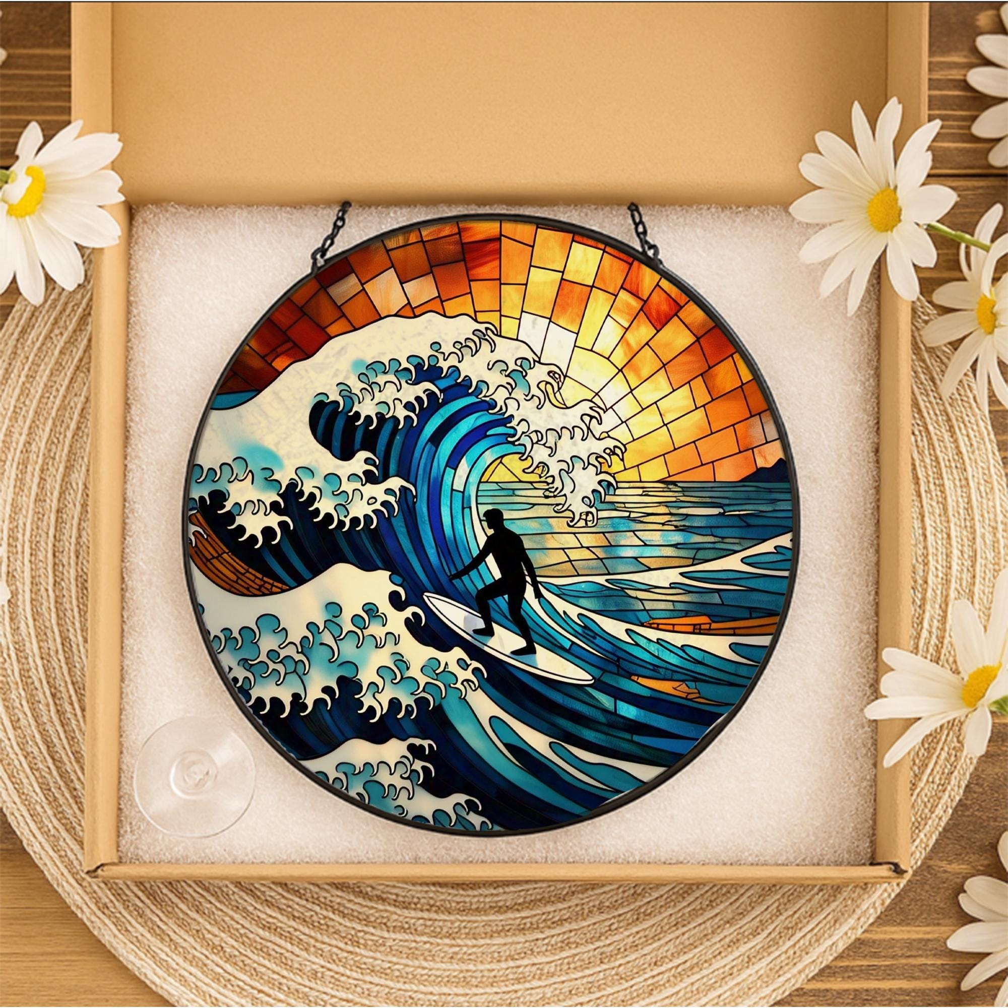 Surfing Beach Glass Suncatcher | Ocean Wave Summer Window Decor | Coastal Surfer Gift | Handmade Nautical Sun Catcher Art