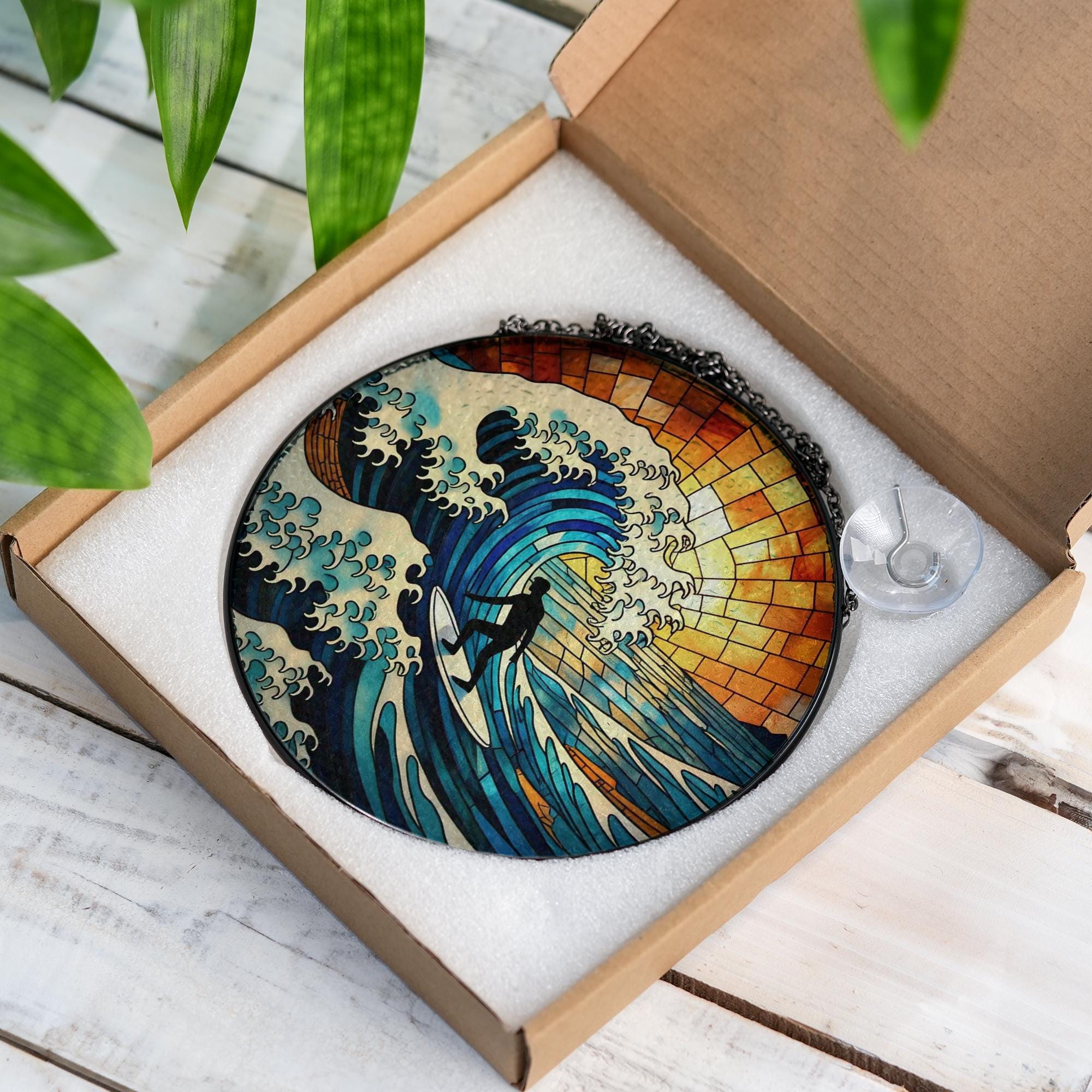 Surfing Beach Glass Suncatcher | Ocean Wave Summer Window Decor | Coastal Surfer Gift | Handmade Nautical Sun Catcher Art