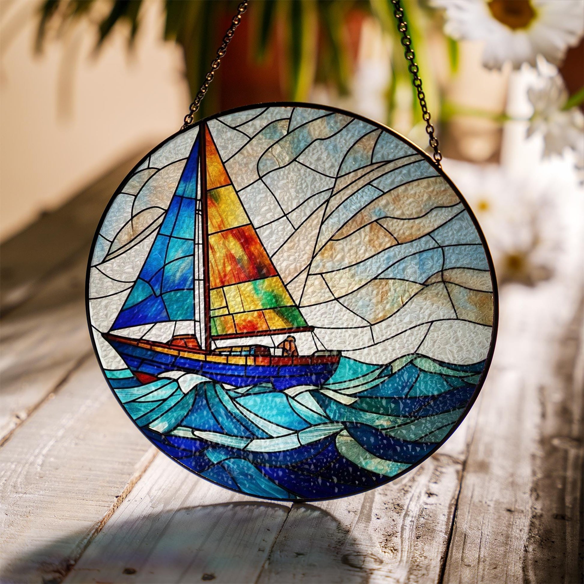 Sailboat Beach Glass Suncatcher | Coastal Nautical Window Decor | Ocean Summer Sun Catcher | Handmade Sea Lover Gift