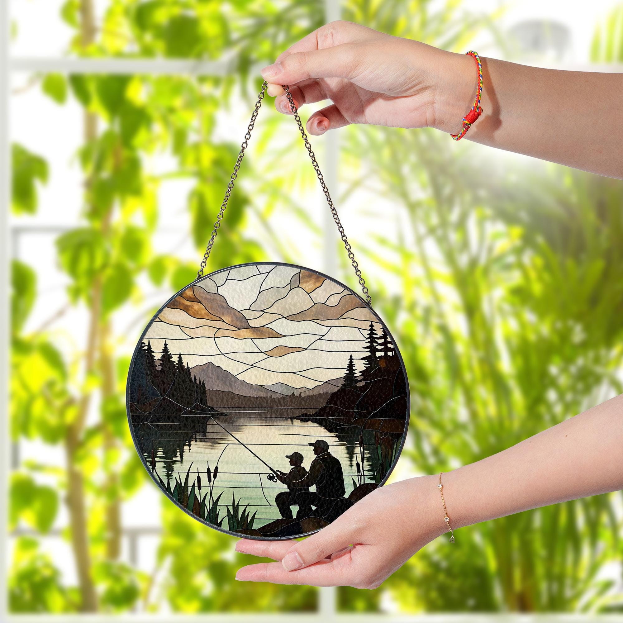 Fishing Dad and Son Glass Suncatcher | Father’s Day Gift | Lake Cabin Window Decor | Outdoor Fishing Scene Sun Catcher Art